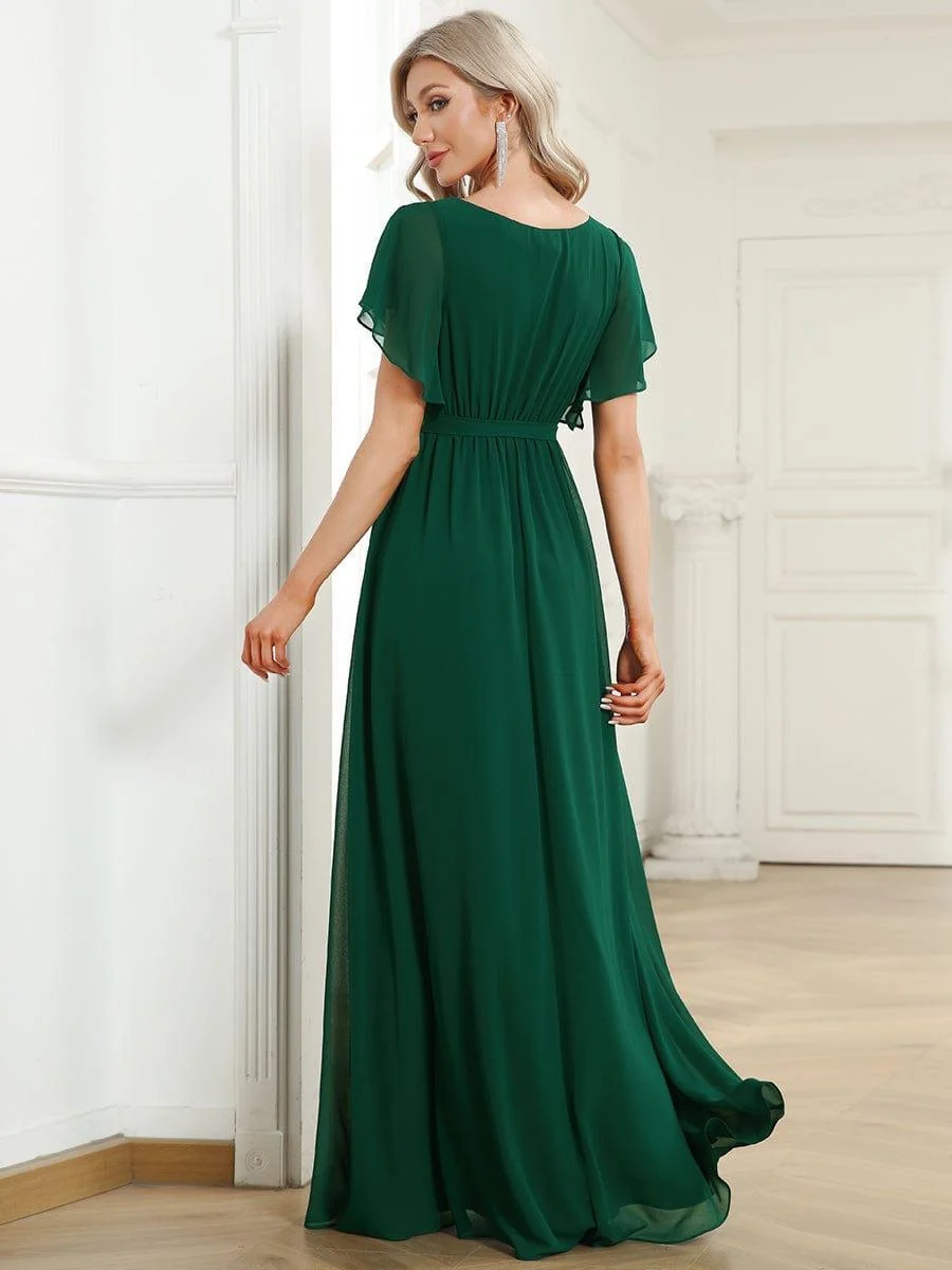 Abendkleid Damen Maxi A-Linie aus Chiffon | Festliches Kleid f��r Hochzeitsg?ste mit V-Ausschnitt und Fl��gel?rmeln