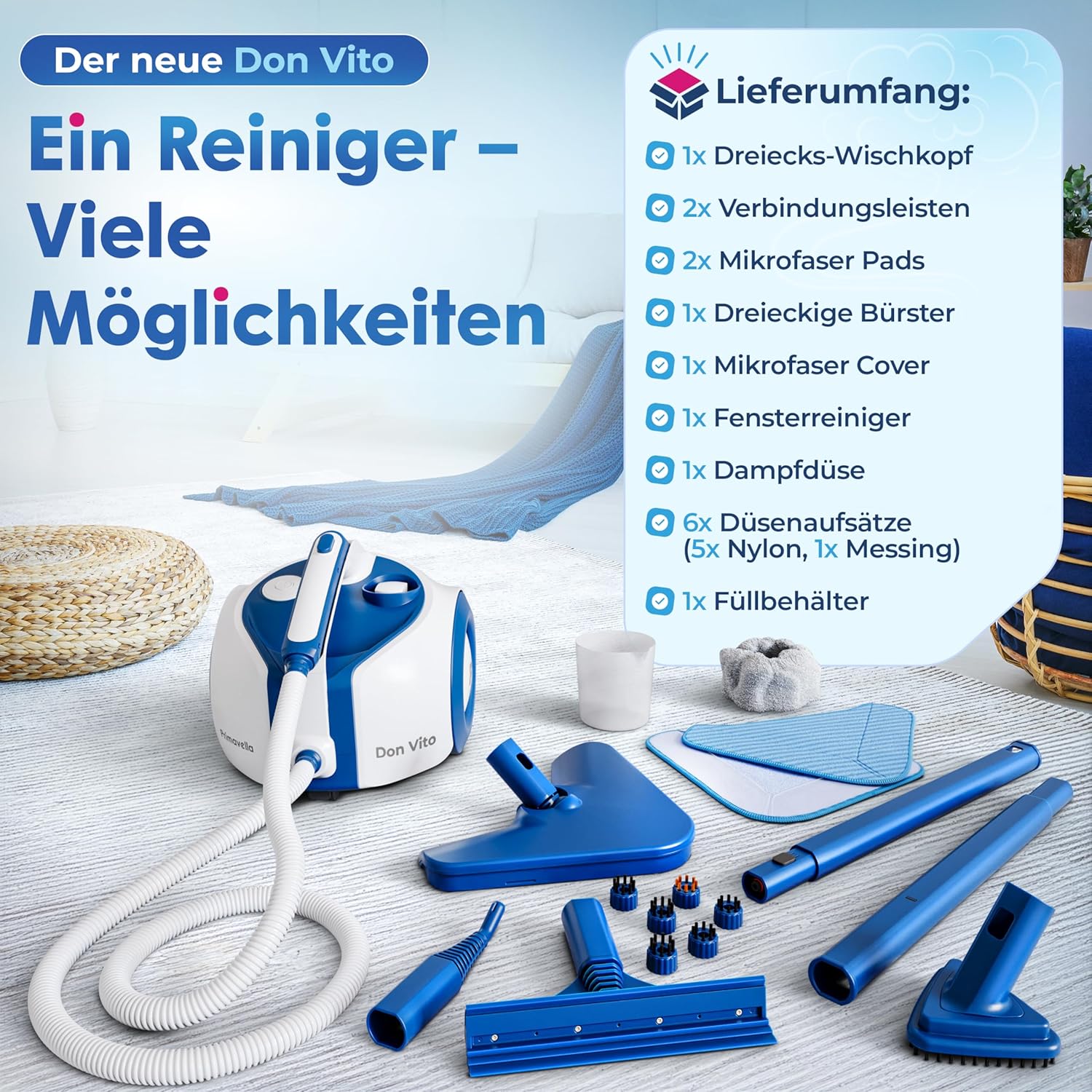Primavella Don Vito Leistungsstarker Dampfreiniger für Böden, Polstermöbel und Badezimmer, mit 3,5 bar Druck, 16 Zubehörteilen für Fugen und Sofas, vielseitiger Dampfreiniger