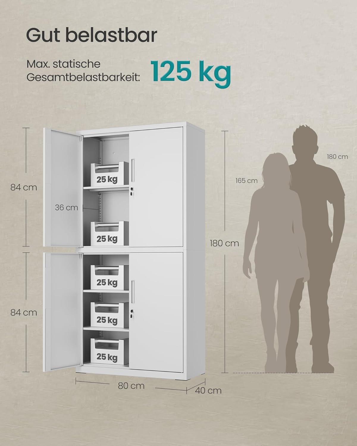 SONGMICS Aktenschrank, Mehrzweckschrank, Büroschrank, mit 4 Türen und 5 Ebenen, 40 x 80 x 180 cm, 2 Schlösser, verstellbare Ablagen, Aufbewahrungsschrank aus Stahl, mattgrau OMC016G01