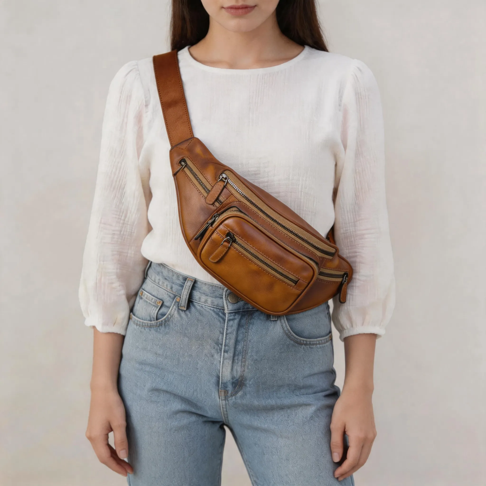 Full-Grain Leather Fanny Pack Crossbody Sling Bag