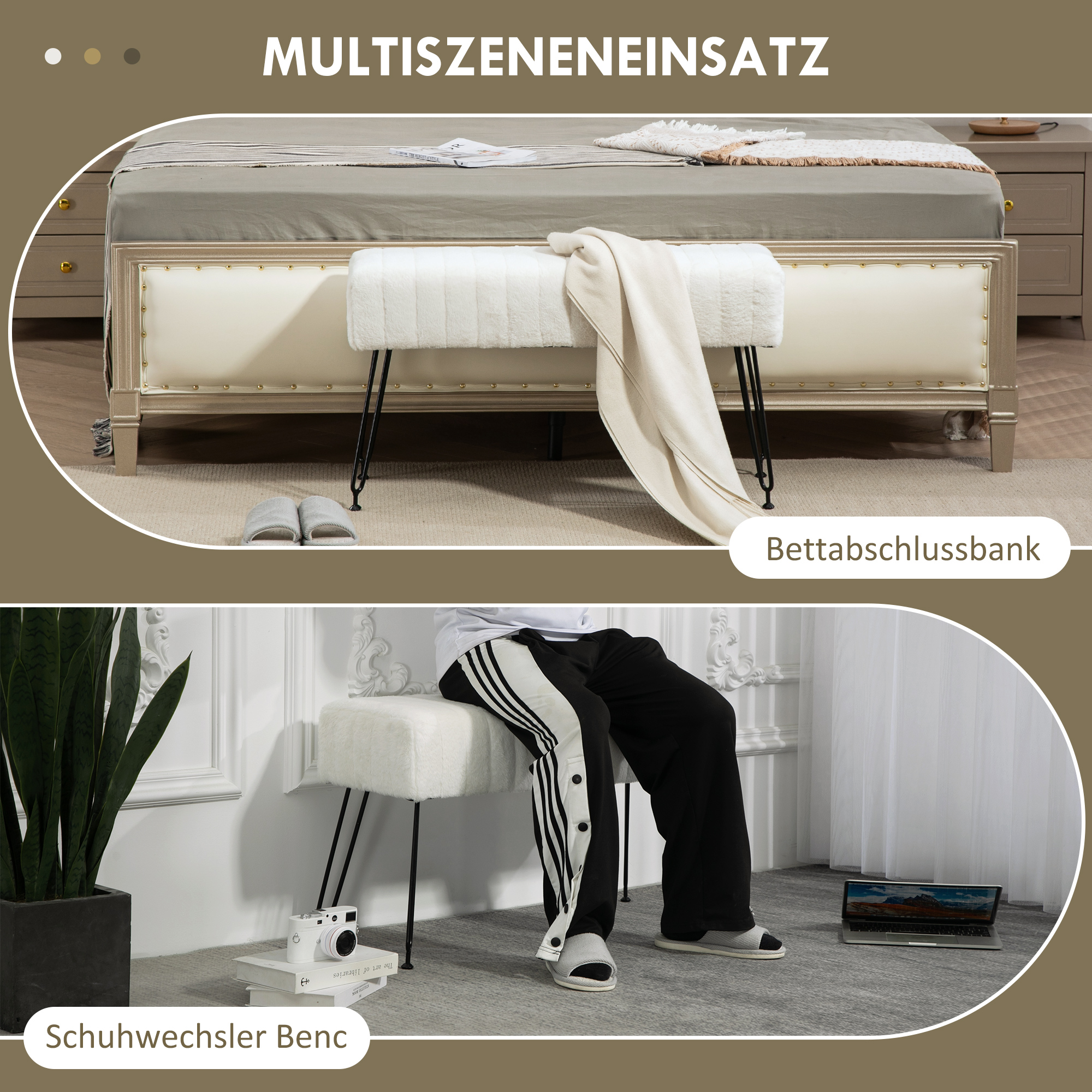 Zitbank, Gestikte Zitting, Kunstbontbekleding, Metalen Poten, tot 120 kg, 82x30x47 cm, Cr��mewit/Zwart