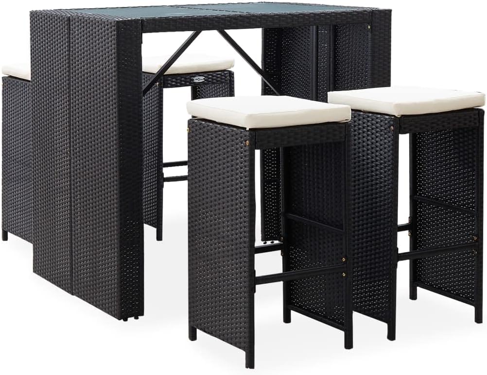 vidaXL Gartenbar Set 5-TLG. Theke Bar Tresen Gartentheke Bartisch Stehtisch Barhocker Barstuhl Gartenmöbel Poly Rattan Glas Schwarz
