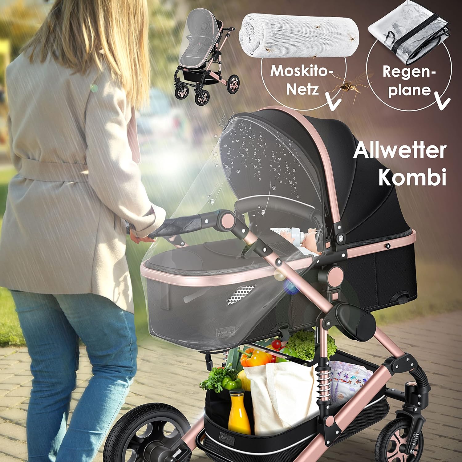 KESSER® Loops 3 in 1 Kinderwagen Kombikinderwagen Komplett-Set inkl. Babywanne & Buggy Sportsitz & Auto-Babyschale Voll-Gummireifen Wickeltasche Regenschutz Kindertisch ECE R129, Schwarz/Champagne