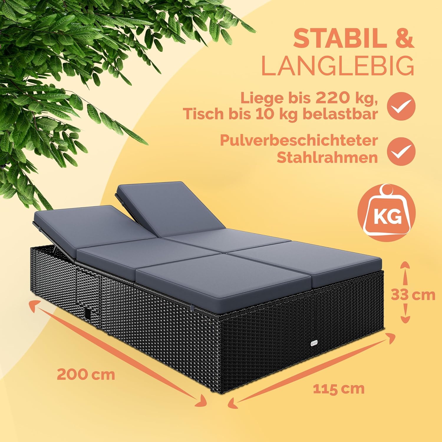 Casaria® Sonnenliege 2 Personen mit Klapptisch Gartenliege 7cm Auflagen Wetterfest 400kg Belastbar Liegestuhl Verstellbar Schwarz Anthrazit 200x115cm