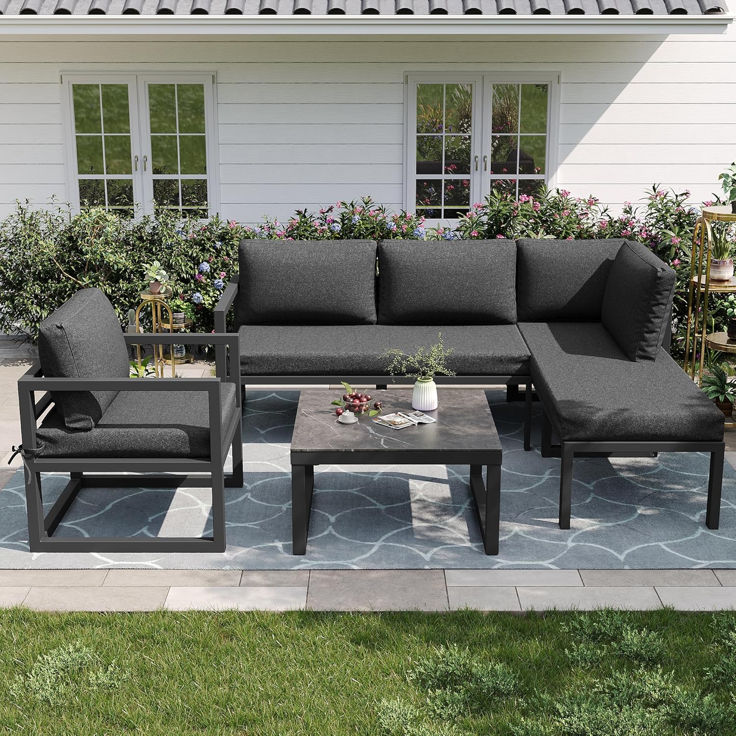 Kayan Gartenlounge Set für 4-5 Personen, Lounge Gartenmöbel Set mit Ecksofa, Sessel und Couchtisch, Balkonmöbel Wetterfest mit verzinktem Eisengestell und Kissen, verstellbare Füße, Grau