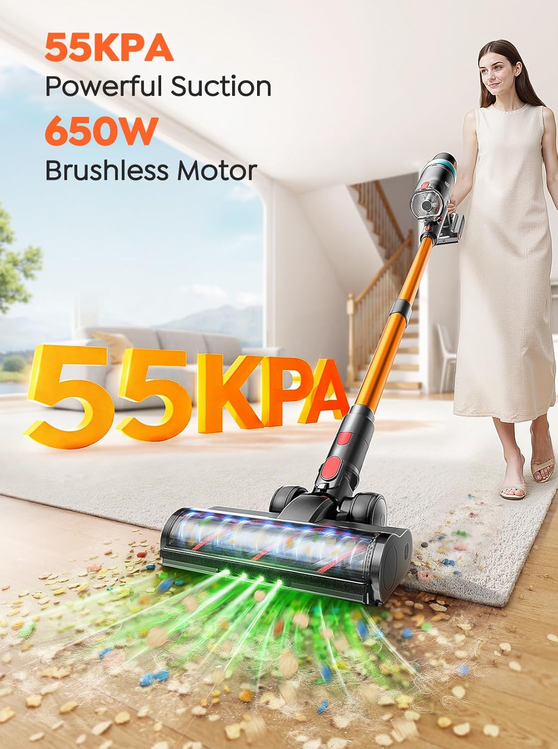 Cordless Vacuum Cleaner. 650W 55KPA 70Mins Vacuum Cleaners for Home. Upgraded Stick Vacuum with 3.3Ft Extendable Hose. LED Touch Screen. Wall Charging Station. Auto Mode for Carpet Pet Hair Hard Floor