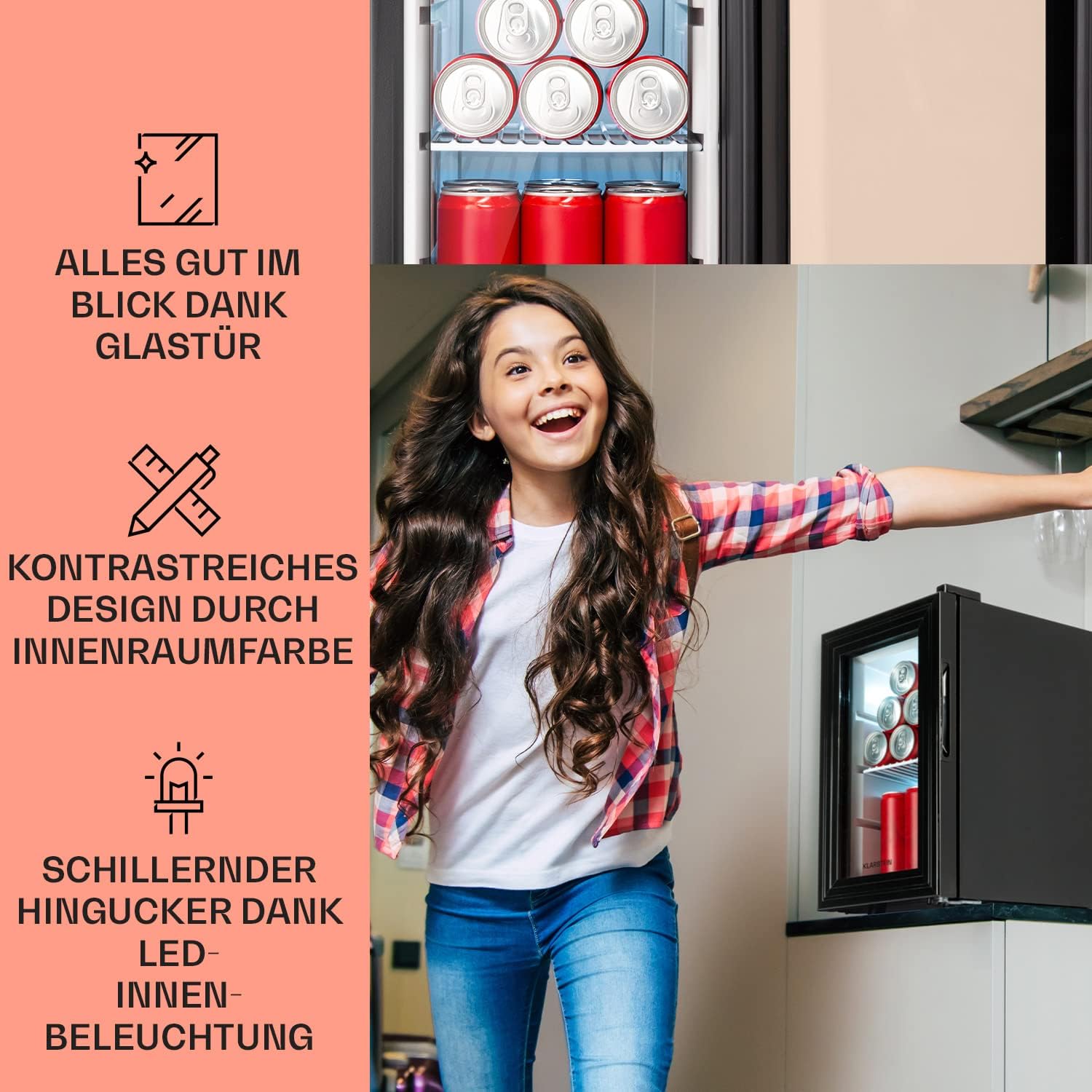 Klarstein Mini Kühlschrank für Zimmer, 23 Liter - Getränke, Snacks & Kosmetik, Minibar, & Leise, Verstellbare Ablagen, Kleiner Skincare Kühlschrank