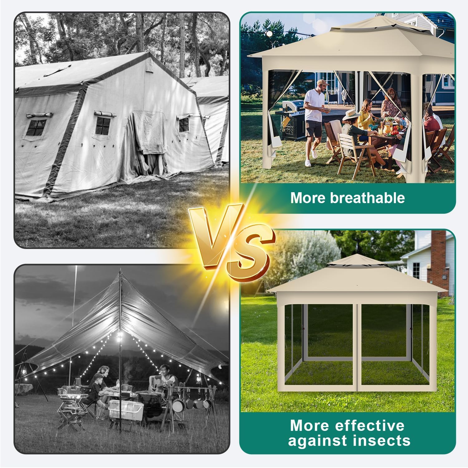 Gartenpavillon 3x3m Wasserdicht UV-beständig, Pavillon mit 4 Seitenteilen, Höhenverstellbar, Stabil Partyzelt mit Sandsäcken & Tragetasche mit Rädern für Garten Party Camping, Beige
