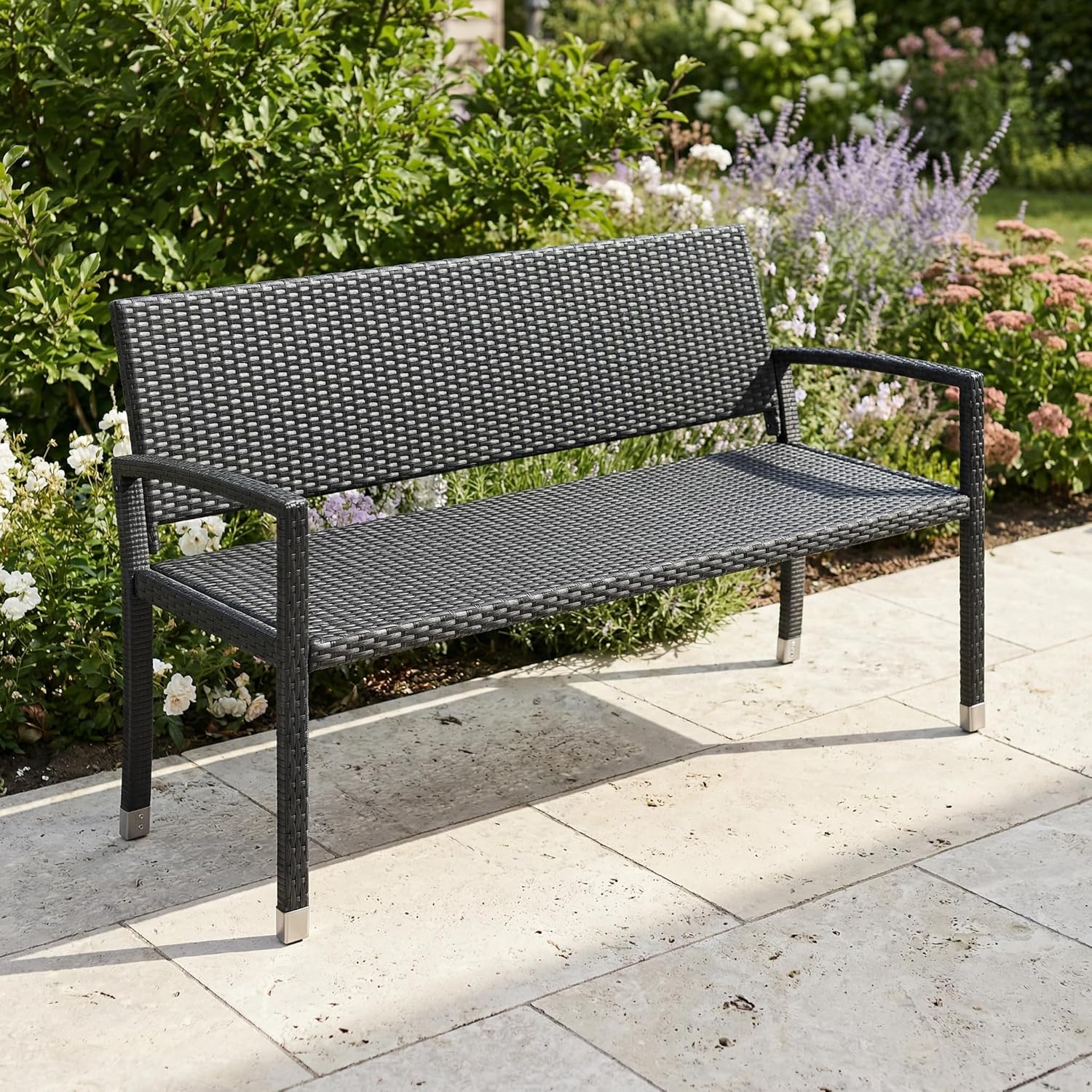 STEELSØN Mirador Gartenbank 3 Sitzer schwarz – Sitzbank Outdoor aus Polyrattan – Balkonbank wetterfest – Rattanbank mit ergonomischer Lehne – Parkbank bis 320kg belastbar – Bank für Garten/Terrasse