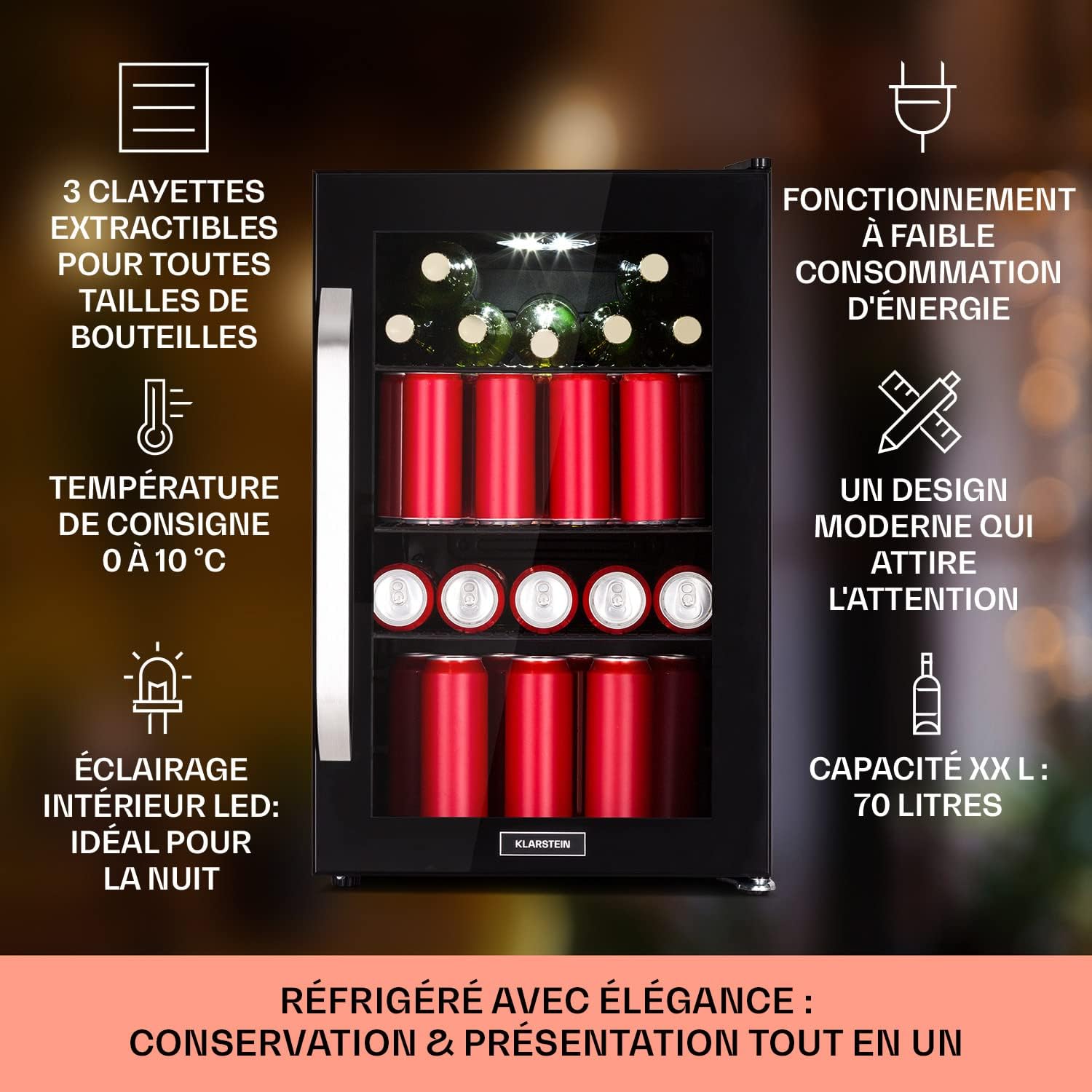 Klarstein Réfrigérateur 70L, Mini réfrigérateur silencieux avec étagères amovibles, porte vitrée & LED, Adapté à l'extérieur, 0-10°C