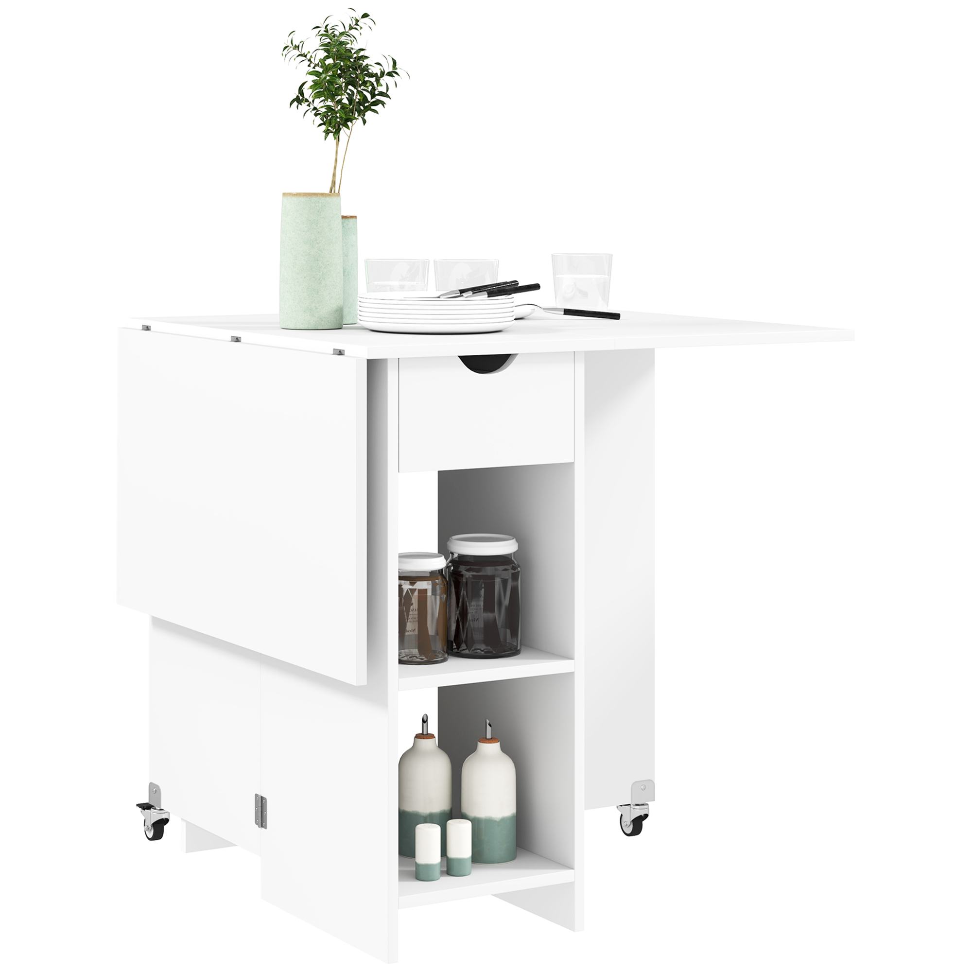 Inklapbare Eettafel voor 2-4 Personen, Opvouwbare Keukentafel met Opbergruimte, Uitschuifbare Tafel op Wielen, Wit