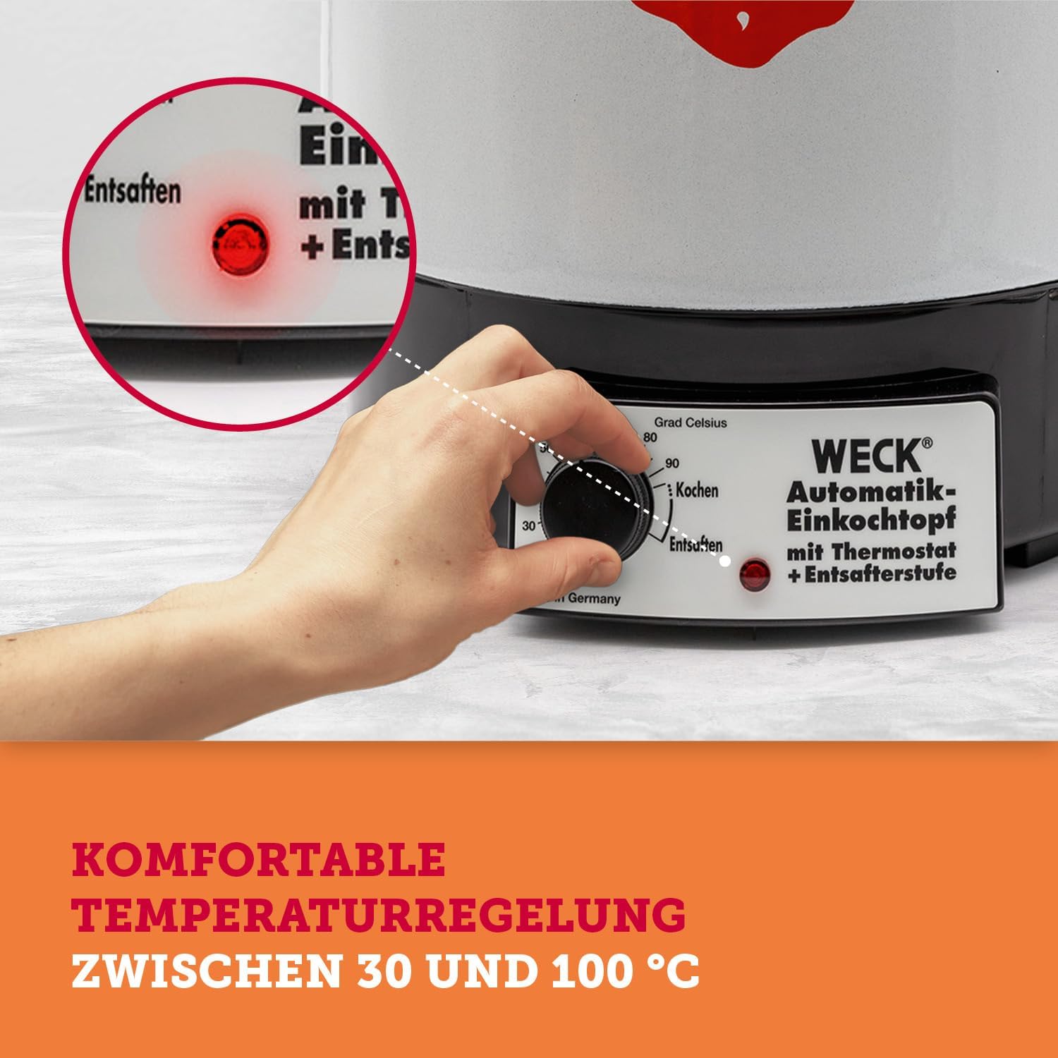 WECK Einkochautomat WAT14 (Finale Serie) Emaille mit Präzisionsthermostat – 29L Einkochtopf, Glühweinkocher, Dampfentsafter, Einweckautomat – Made in Germany, hochwertig & vielseitig