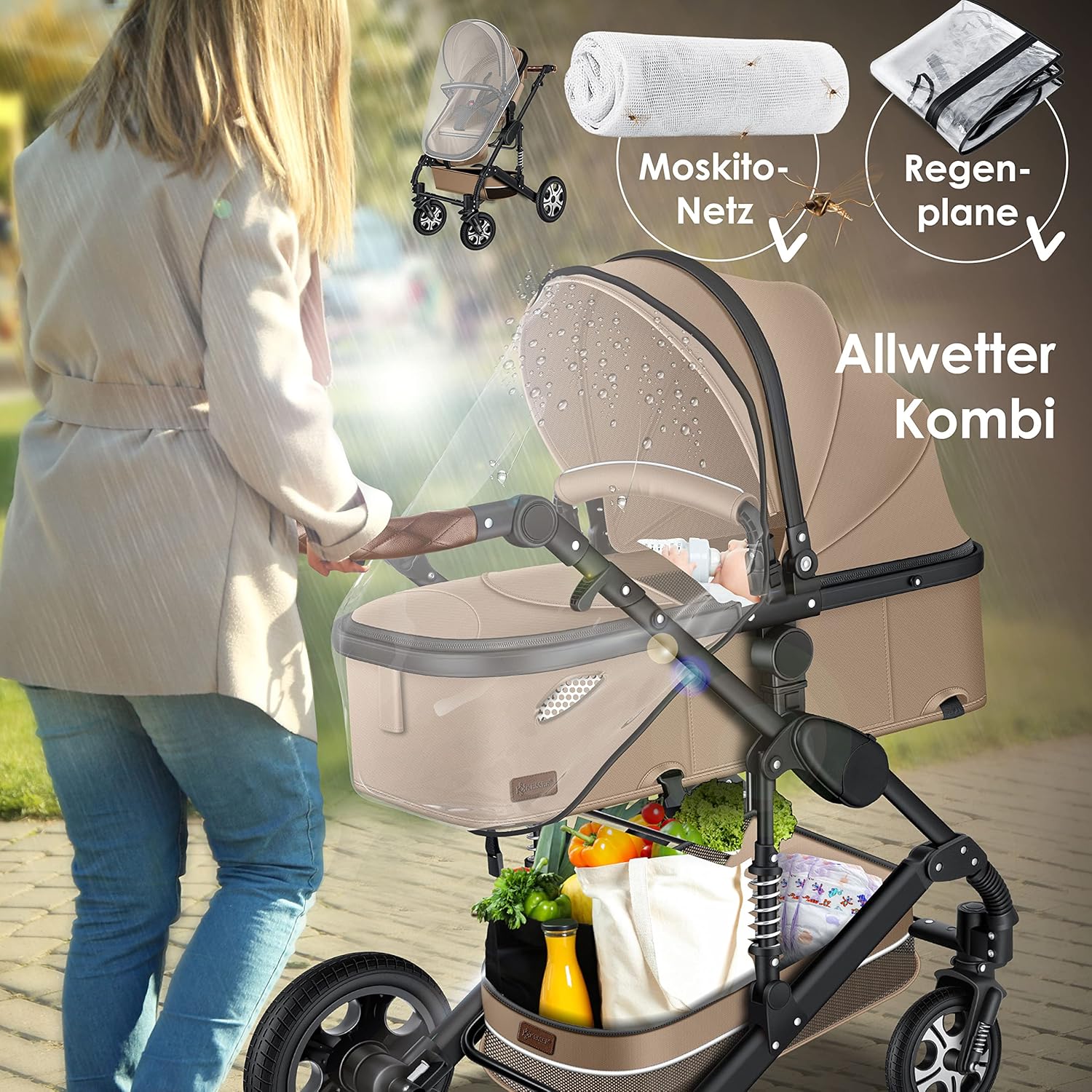 KESSER® Loops 3 in 1 Kinderwagen Kombikinderwagen Komplett-Set inkl. Babywanne & Buggy Sportsitz & Auto-Babyschale Voll-Gummireifen Wickeltasche Regenschutz Kindertisch ECE R129, Schwarz/Champagne