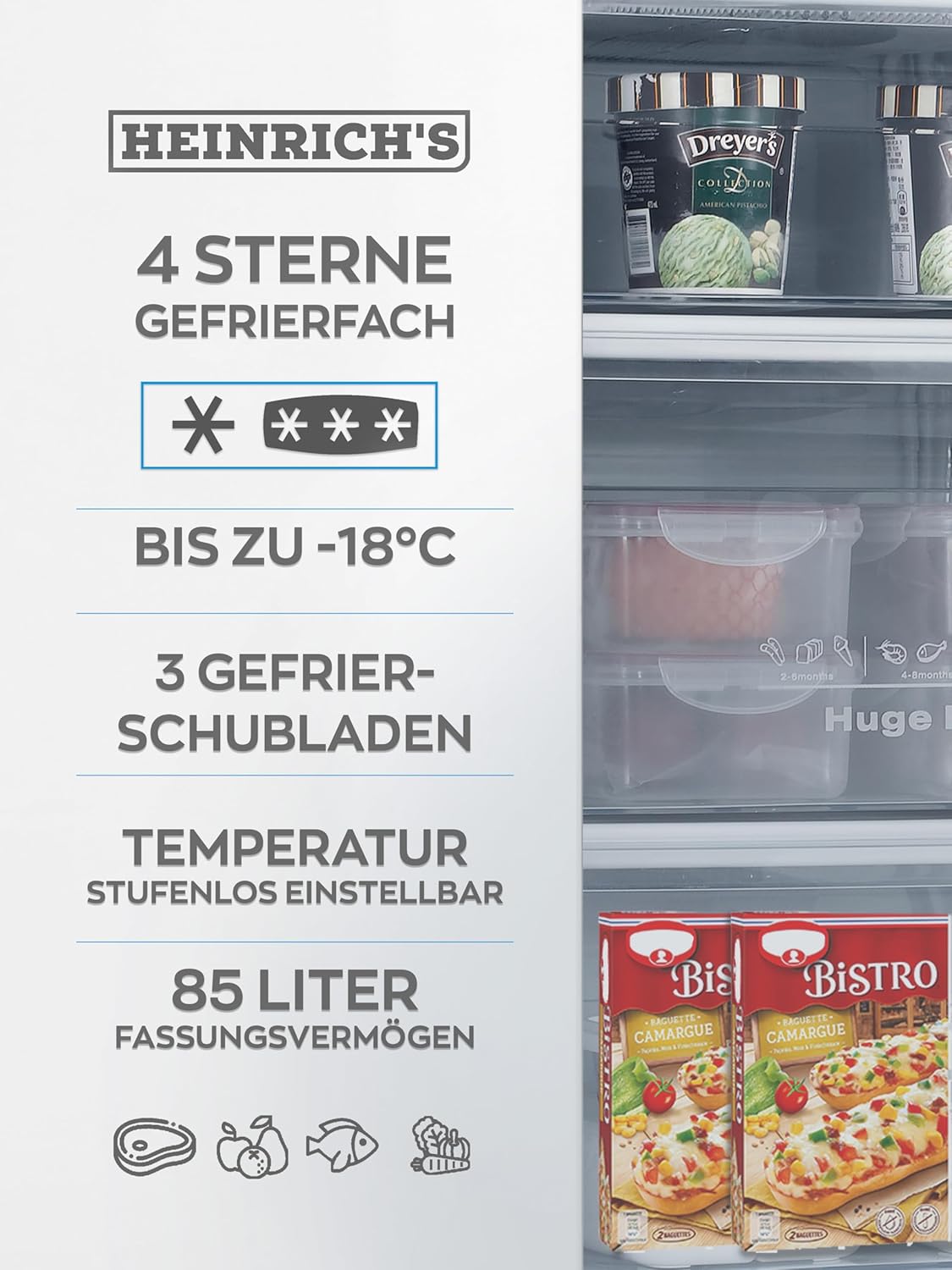 Heinrich´s Gefrierschrank 61Liter -18°C Freezer, 3x Gefrierschublade, 7 Stufen Temperaturregler, Airflow, wechselbarer Türanschlag weiß