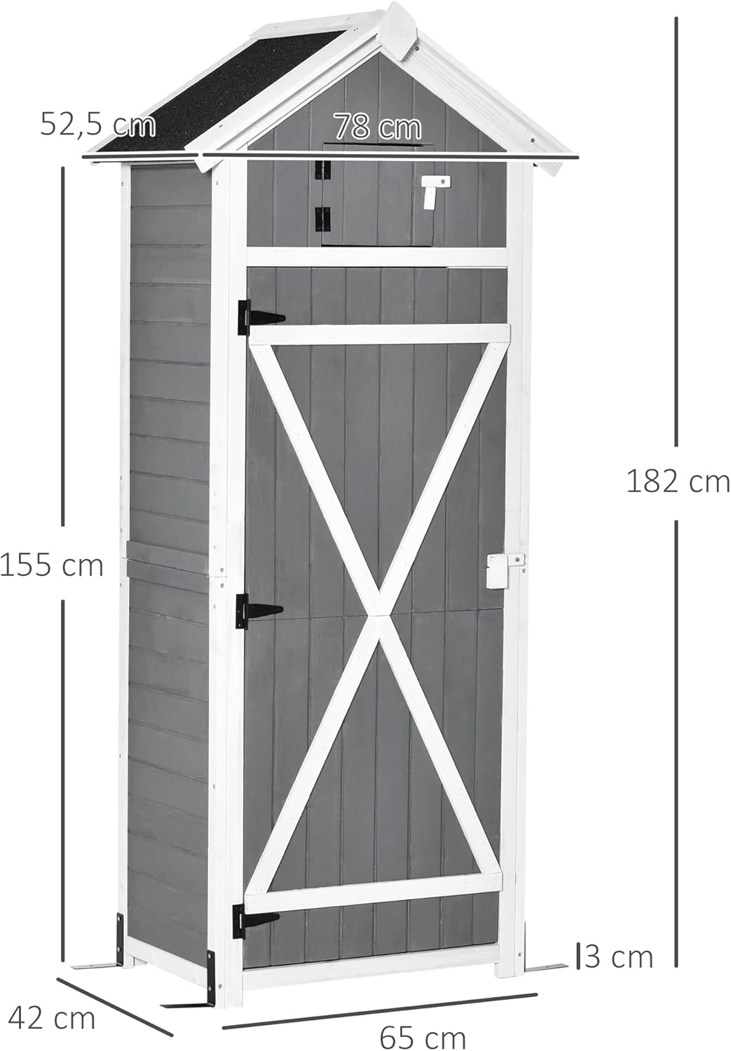 Outsunny Gartenschrank Holz, wetterfest 78x52,5x182cm Gerätehaus, Geräteschuppen mit Satteldach, Tür, Gartenschuppen mit faltbar Tisch, Haken, Geräteschrank Werkzeugschrank für Terrasse, Garten, Grau