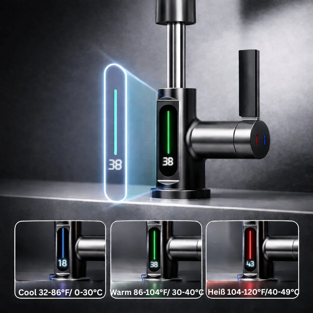 Flexibler Wasserhahn mit LED-Temperaturanzeige und 5 Strahlmodi �C moderne K��chen- und Badarmatur