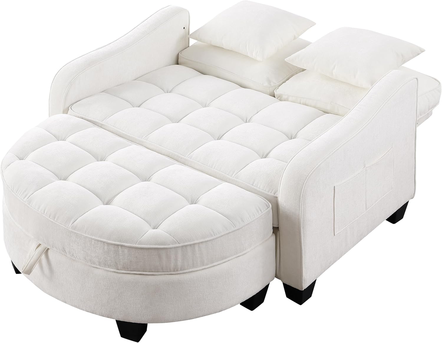 Sofa mit Schlaffunktion, 2-in-1 Schlafsofa, Modulares Sofa, Aufbewahrungs-Hocker & 4 Kisse, für Kleine Wohnzimmer, Studienzimmer, Schlafzimmer, 132×129×93cm (Beige)