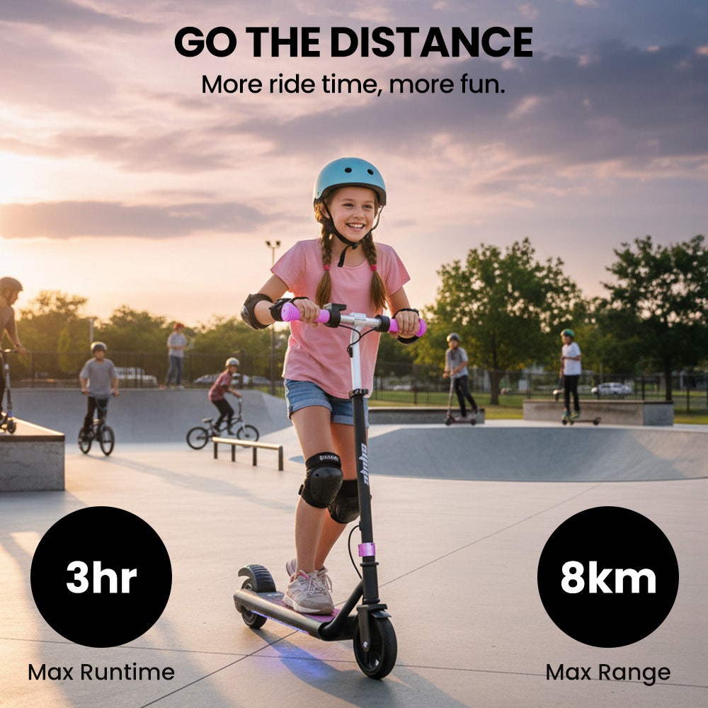 ALPHA Edge Electric Scooter Kids/Teens, 16km/h Max, Adjustable Height, UL Certified, AU Compliant, Dual Brakes, Bluetooth Music, LED, Pink