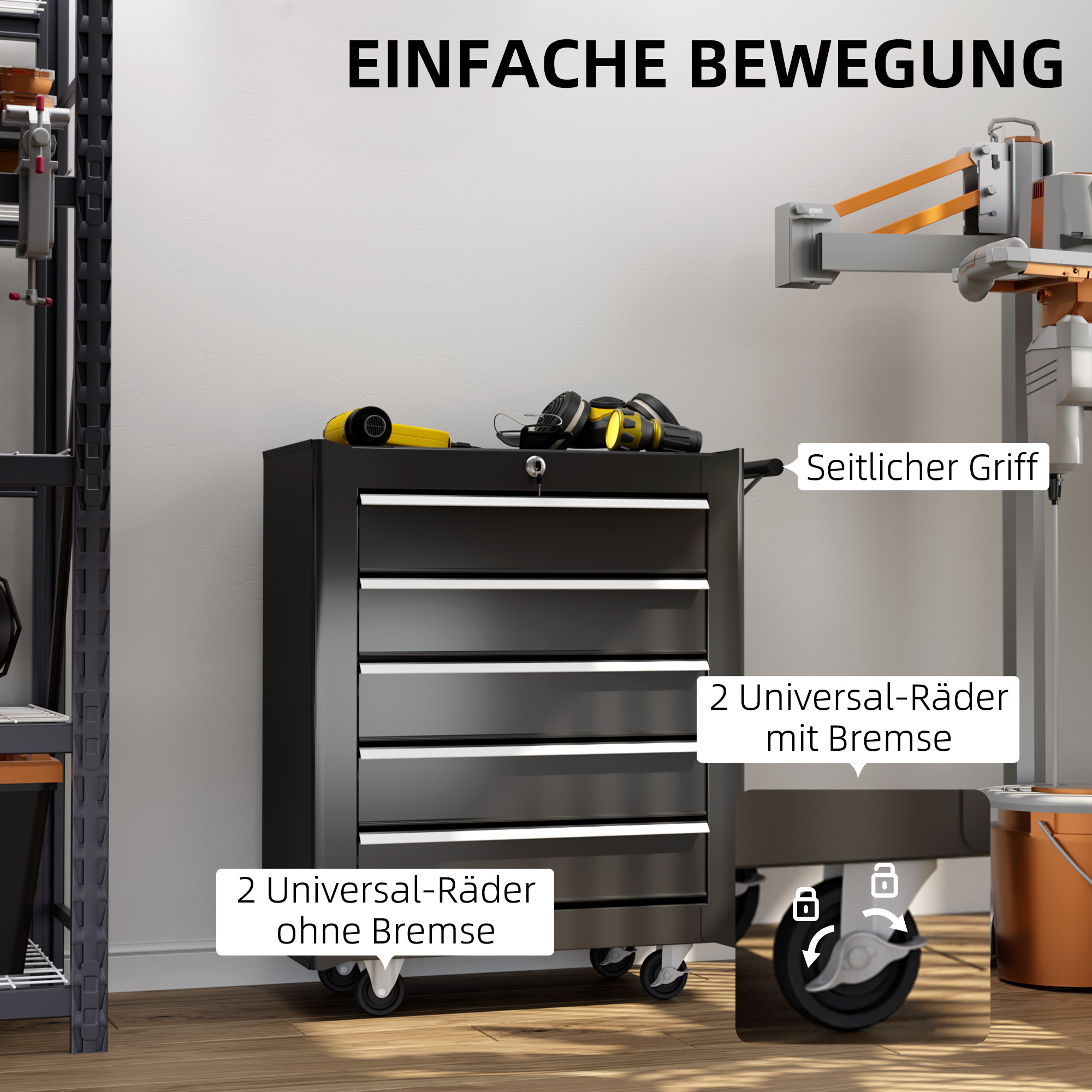 Gereedschapskist, Gereedschapskast, Rolbaar, 5 Laden, Staal, Zwart