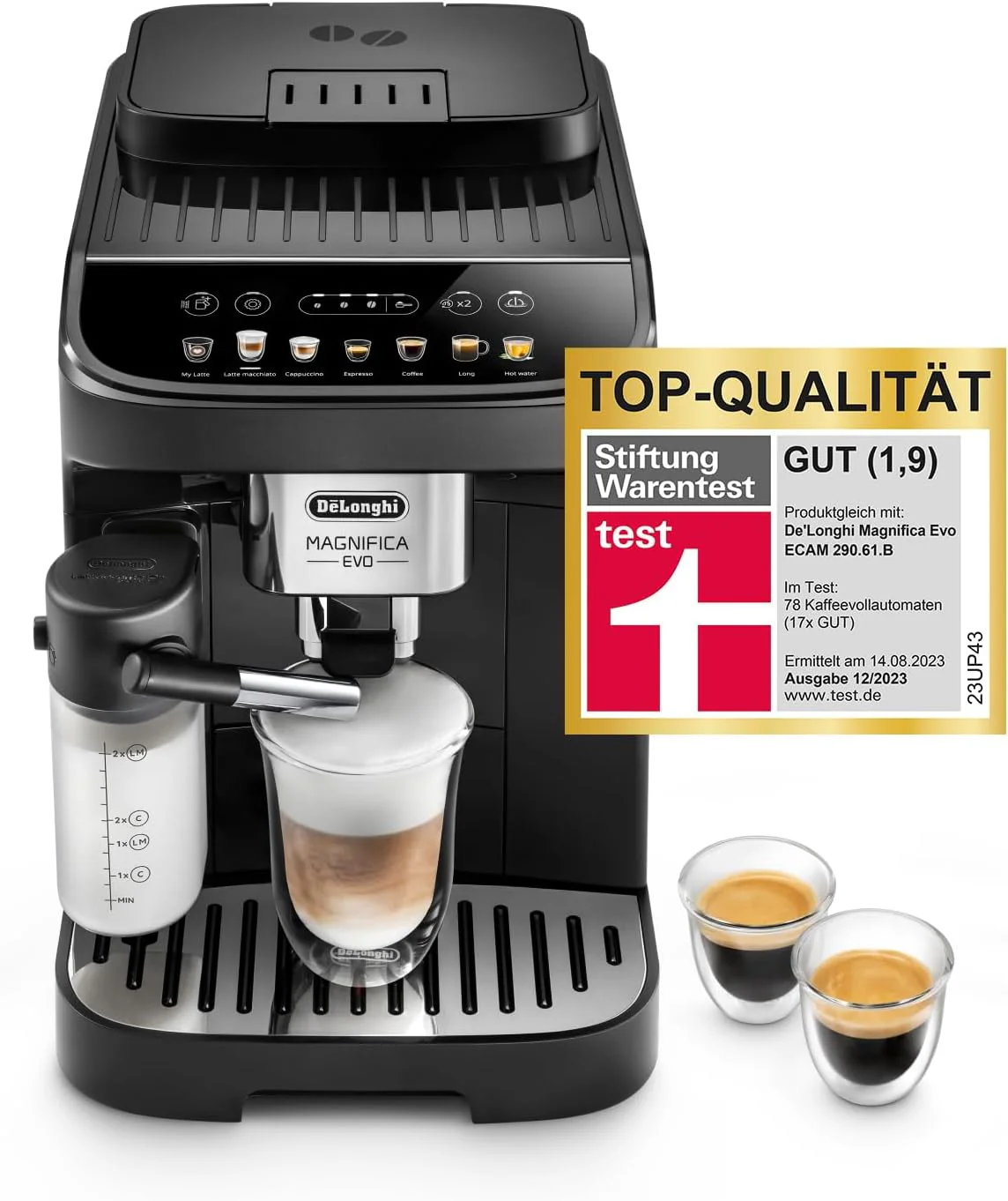 De'Longhi Magnifica Evo ECAM 292.81.B volautomatische koffiemachine met LatteCrema melksysteem, 7 directe selectieknoppen voor cappuccino, espresso en andere koffiespecialiteiten, 2-kops functie, Zwart