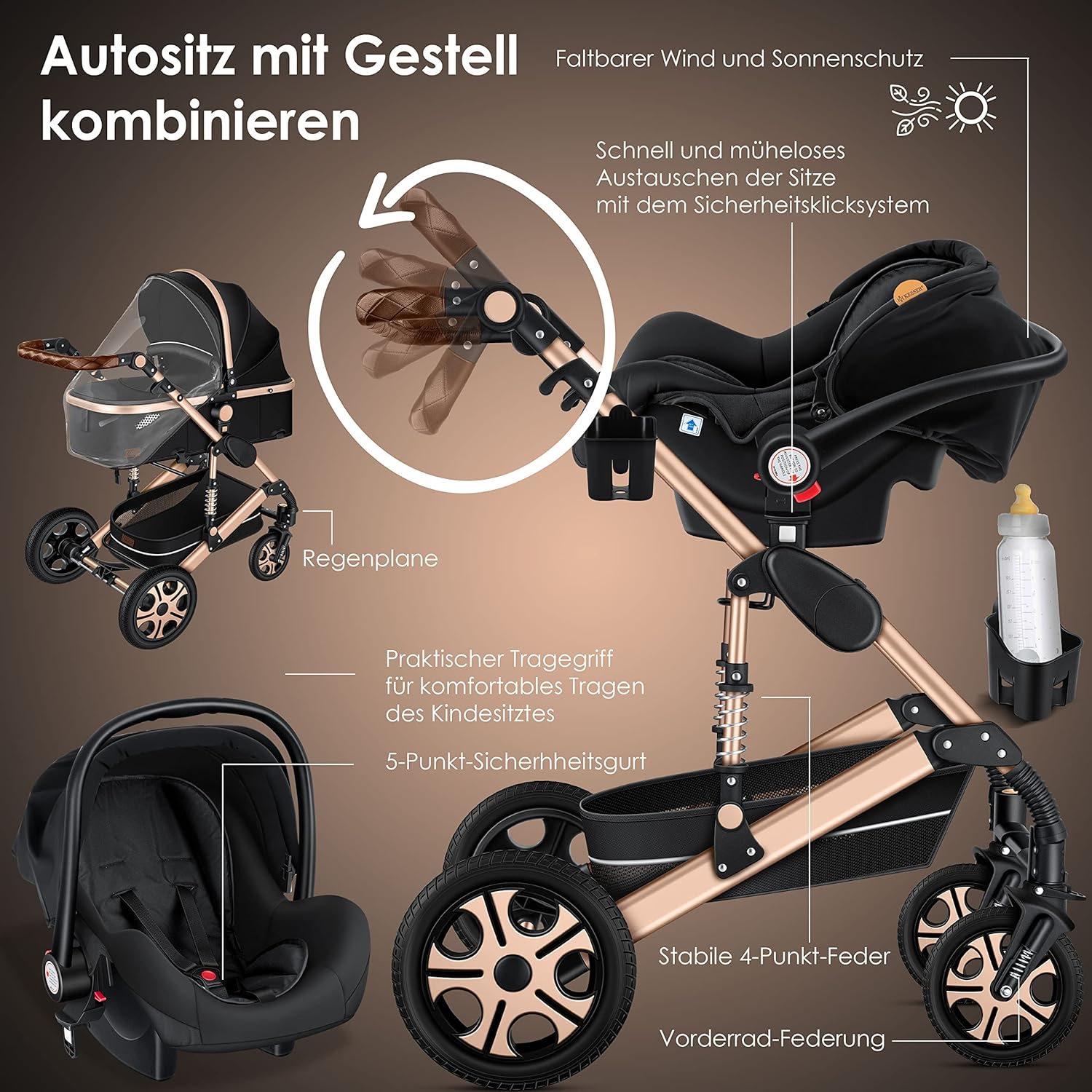 KESSER® Loops 3 in 1 Kinderwagen Kombikinderwagen Komplett-Set inkl. Babywanne & Buggy Sportsitz & Auto-Babyschale Voll-Gummireifen Wickeltasche Regenschutz Kindertisch ECE R129, Schwarz/Champagne
