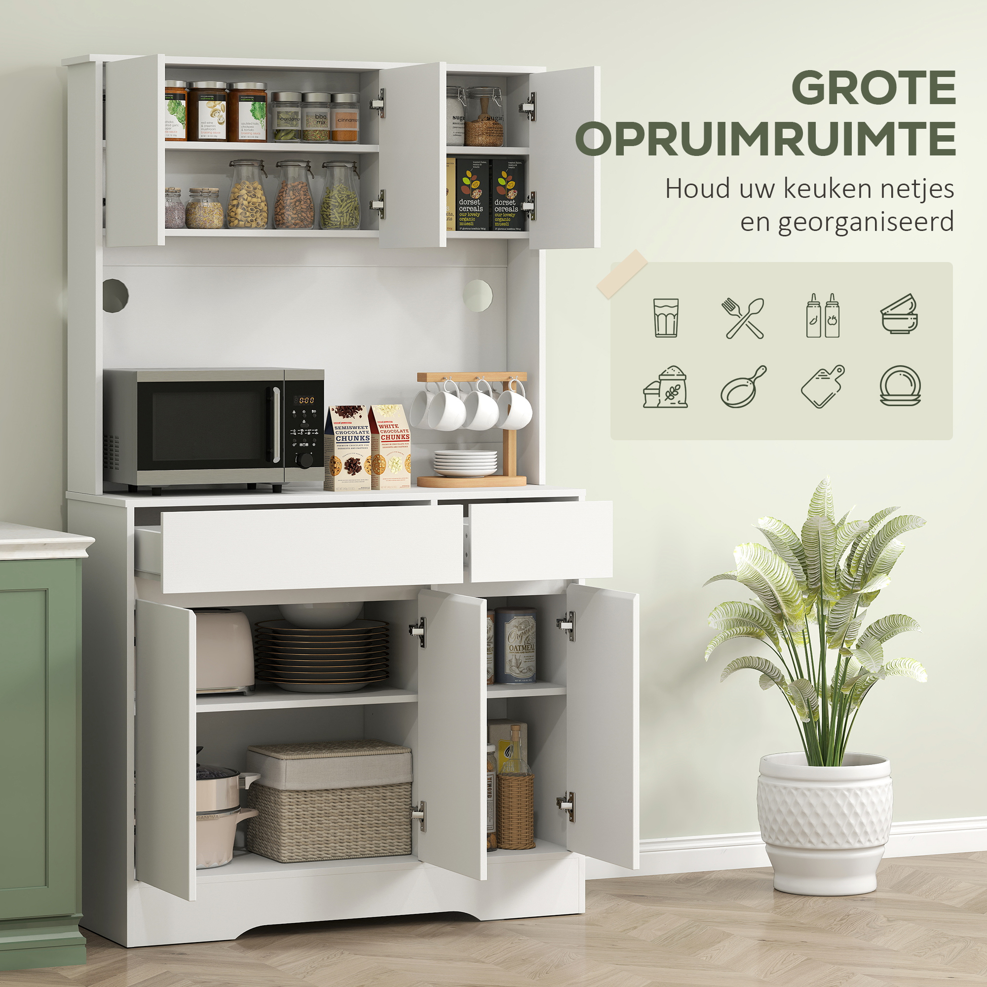 Keukenkast met Open Werkblad, 6 Kastdeuren, 2 Laden, Verstelbare Planken, Kabelgaten, Spaanplaat, Wit