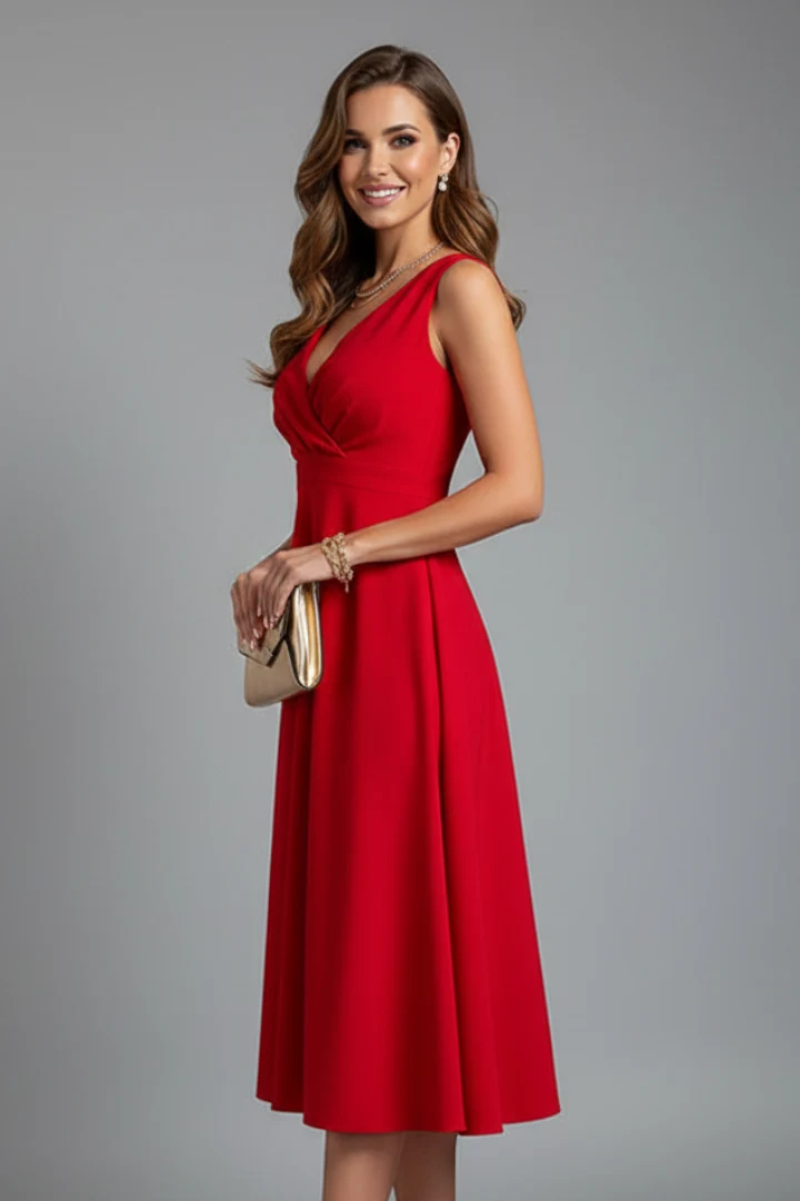 ?rmelloses Damen Midi-Kleid mit V-Ausschnitt und verdecktem Rei?verschluss | Klassisches A-Linien Kleid mit ausgestelltem Rock