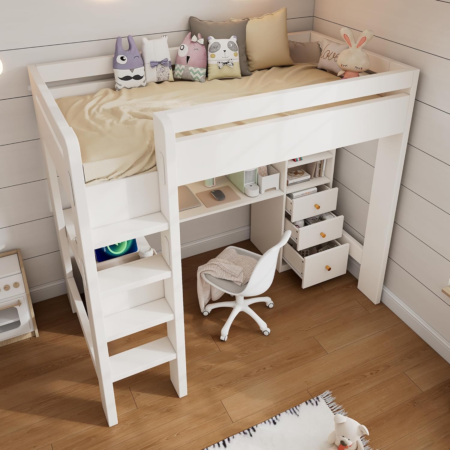 Hochbett Kinderbett 90×200 cm mit Schreibtisch und USB-C, Bett mit Regal und Schubladen Stauraum, Etagenbett mit Leiter, Holzbett mit Rausfallschutz und Lattenrost aus Holz, Weiß, Ohne Matratze