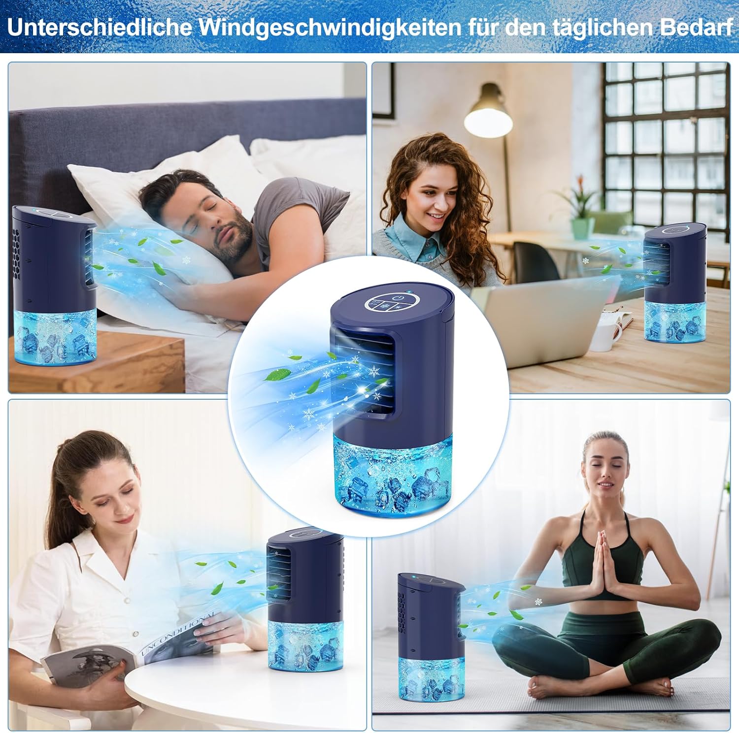 RenFox Klimagerte Mini Luftkühler, 5 in 1 Mobile Klimaanlage, Air Cooler Klimagert, Ventilator, Luftbefeuchter, 3 Geschwindigkeiten, 7 LED Luftkühler Klein für Zuhause und Büro