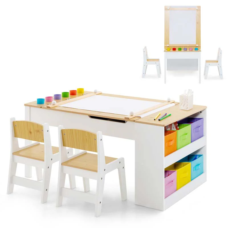 2 In 1 Kids Art Table Chair Set For Drawing Writing Toddler Craft Play Wood Activity Desk W2 Chairs Paper Roll Storage Canvas Bins - High Quality Set For Everyday Use
