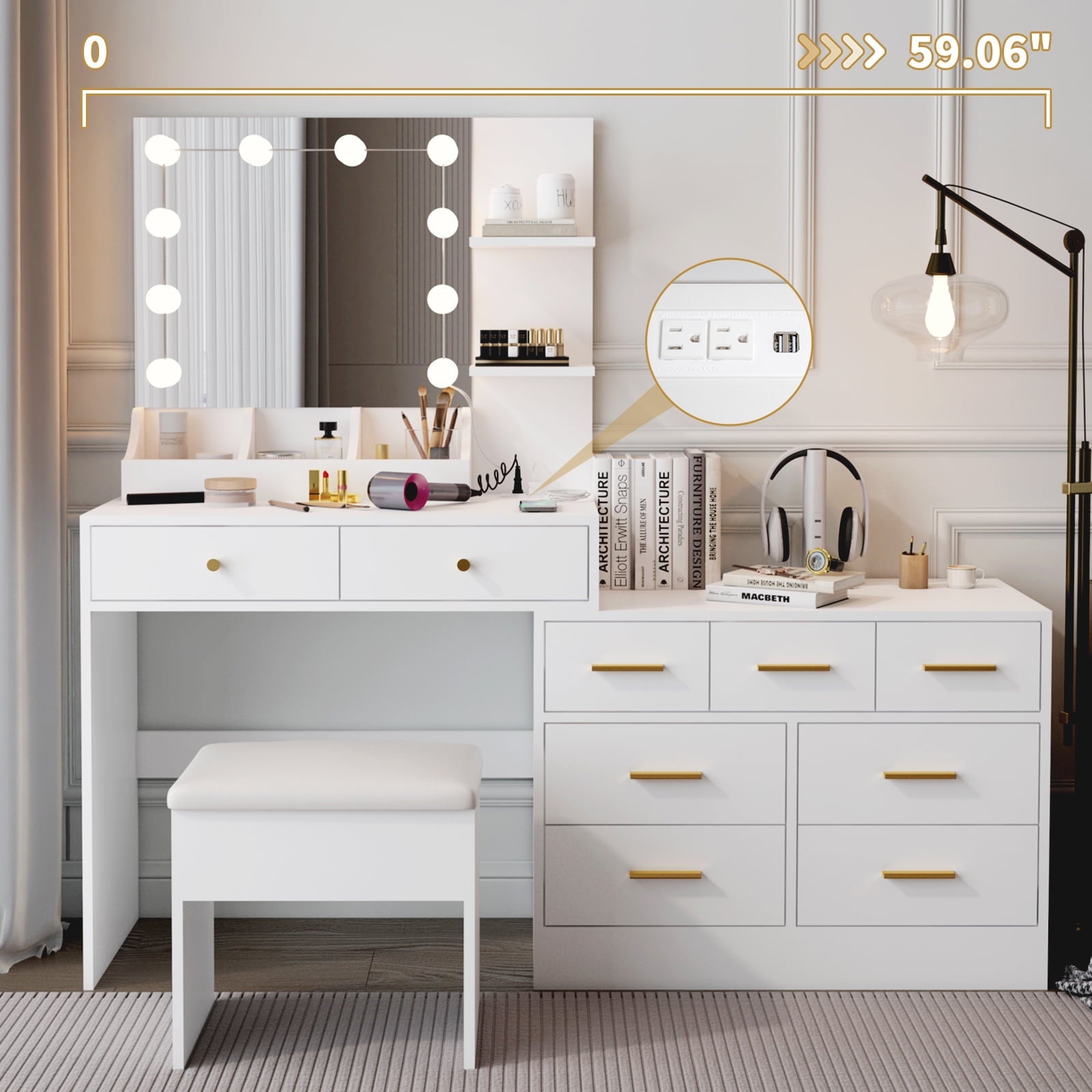 Ktaxon Makeup Vanity with 9 Drawers&USB Charging Station, Vanity Desk with 3 Color Light, Vanity Table Set w/ 9 Drawer Dresser, for Girls and Women, White