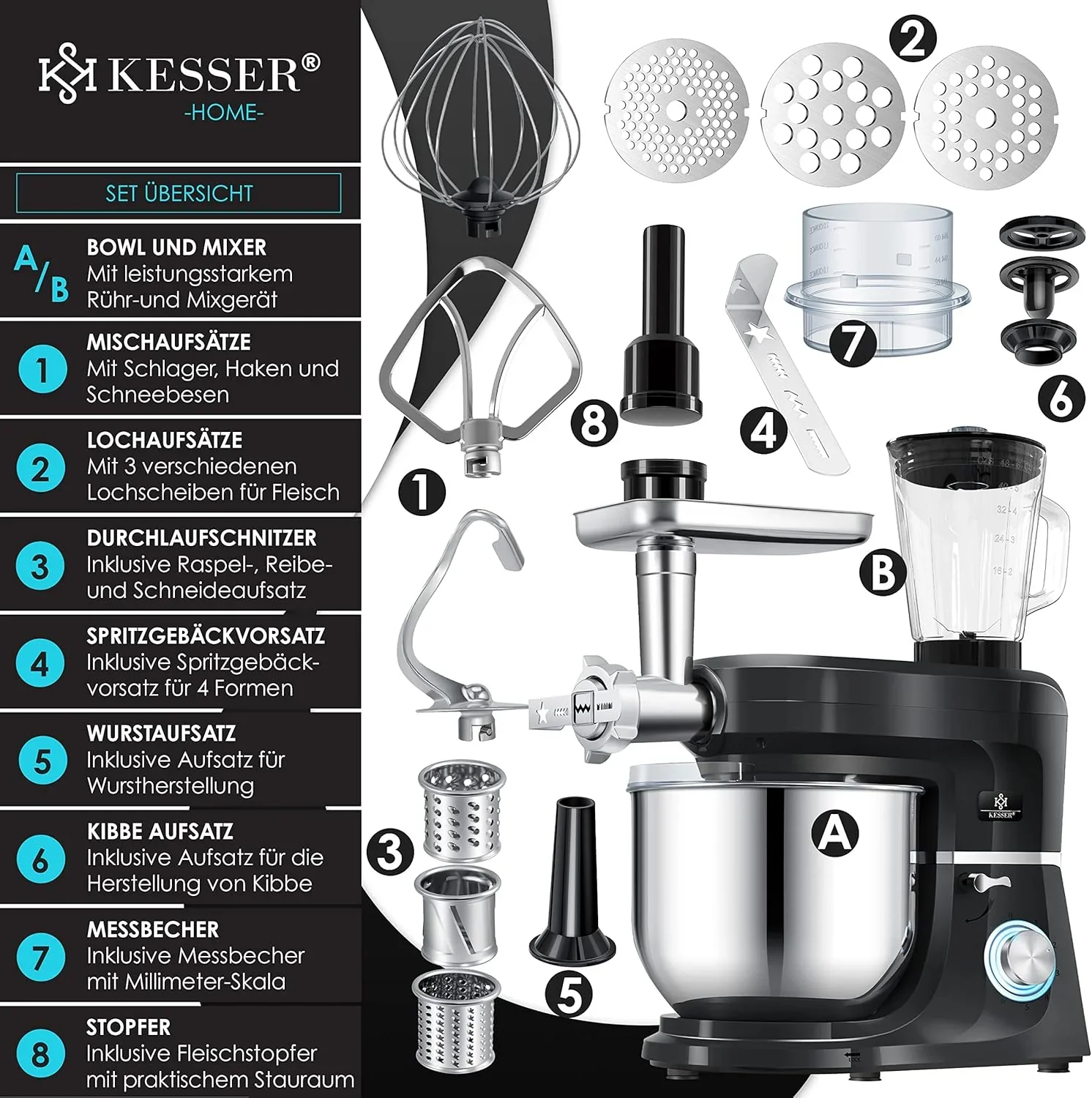 KESSER? 3 in 1 Universal K��chenmaschine K-KM 3000 mit Fleischwolf Knetmaschine Multifunktionale R��hrmaschine 5,5L Sch��ssel mit 3 R��hrwerkzeuge, 1,5L Entsafter, Zubeh?r-Set, Pasta & Geb?ckformen