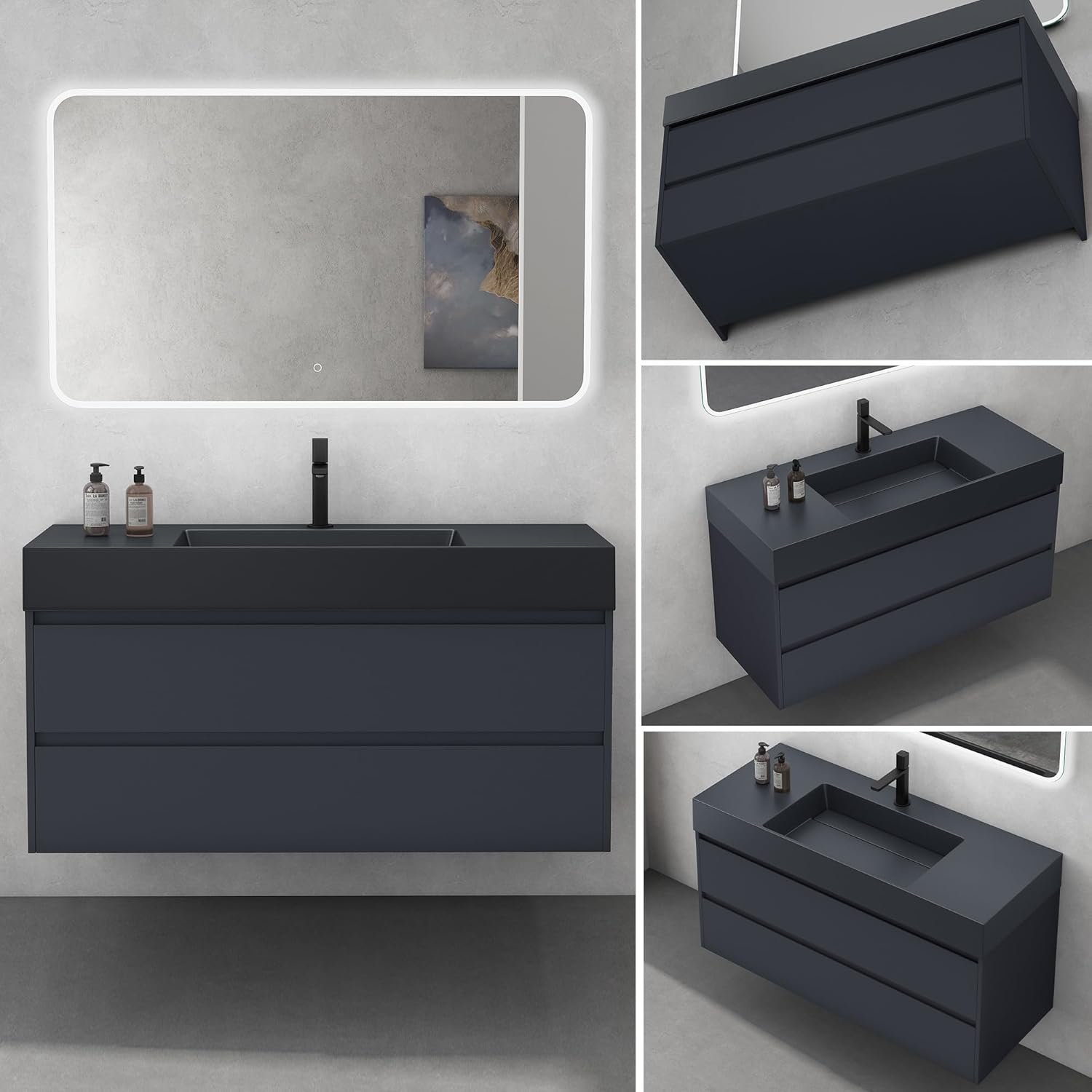 Mai & Mai Badmöbel Set Waschtisch mit Unterschrank Waschbeckenunterschrank 120x48x63cm in Anthrazit matt mit 2-Schubladen inkl. Waschbecken in Anthrazit Deep