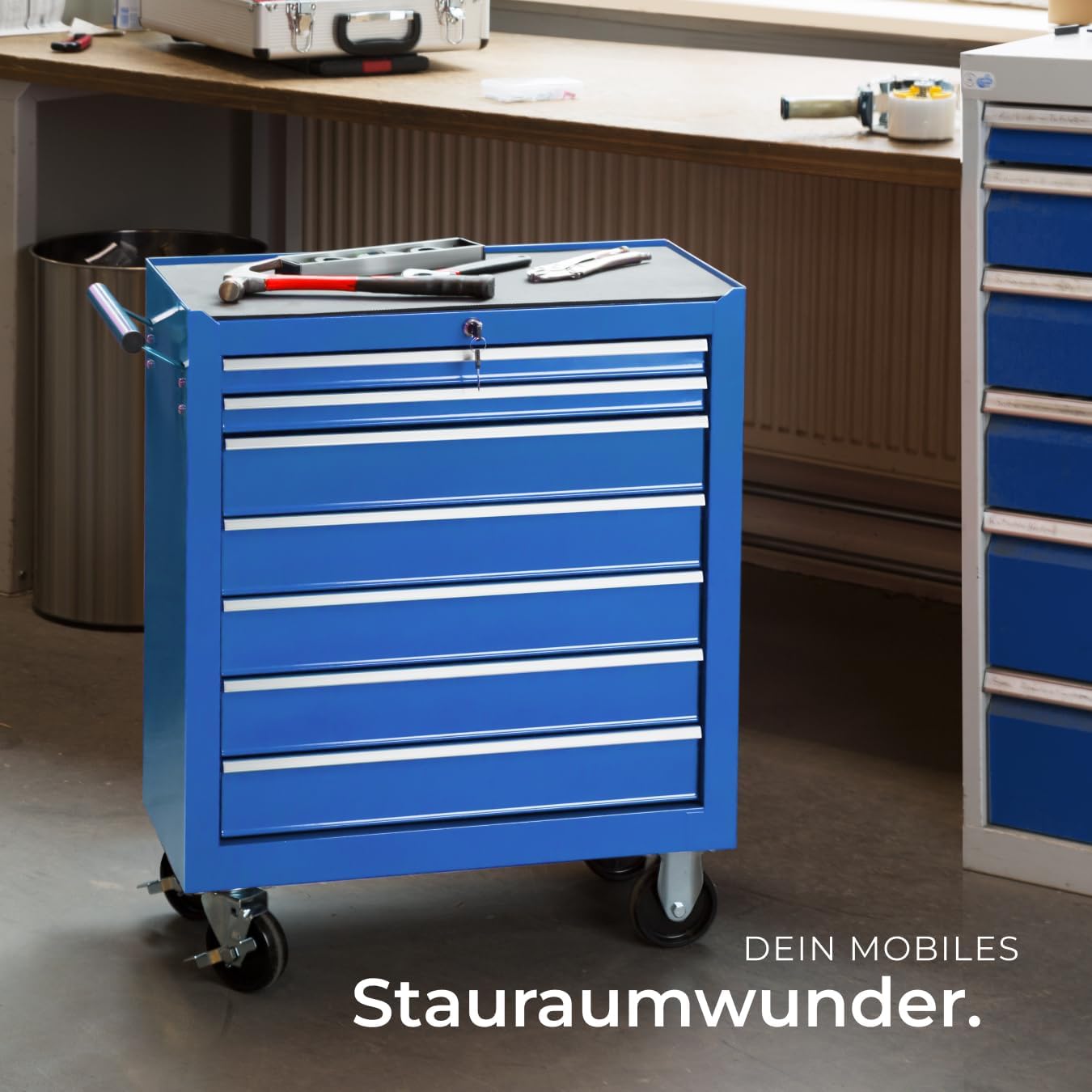 tectake Werkzeugwagen, Werkstattwagen, rollende Werkstatt, Werkzeugwagen leer, Werkzeugbox, 7 Schubfächer, 69 x 33 x 79 cm, Rollen mit Bremsen, inkl. 2 Schlüssel - blau