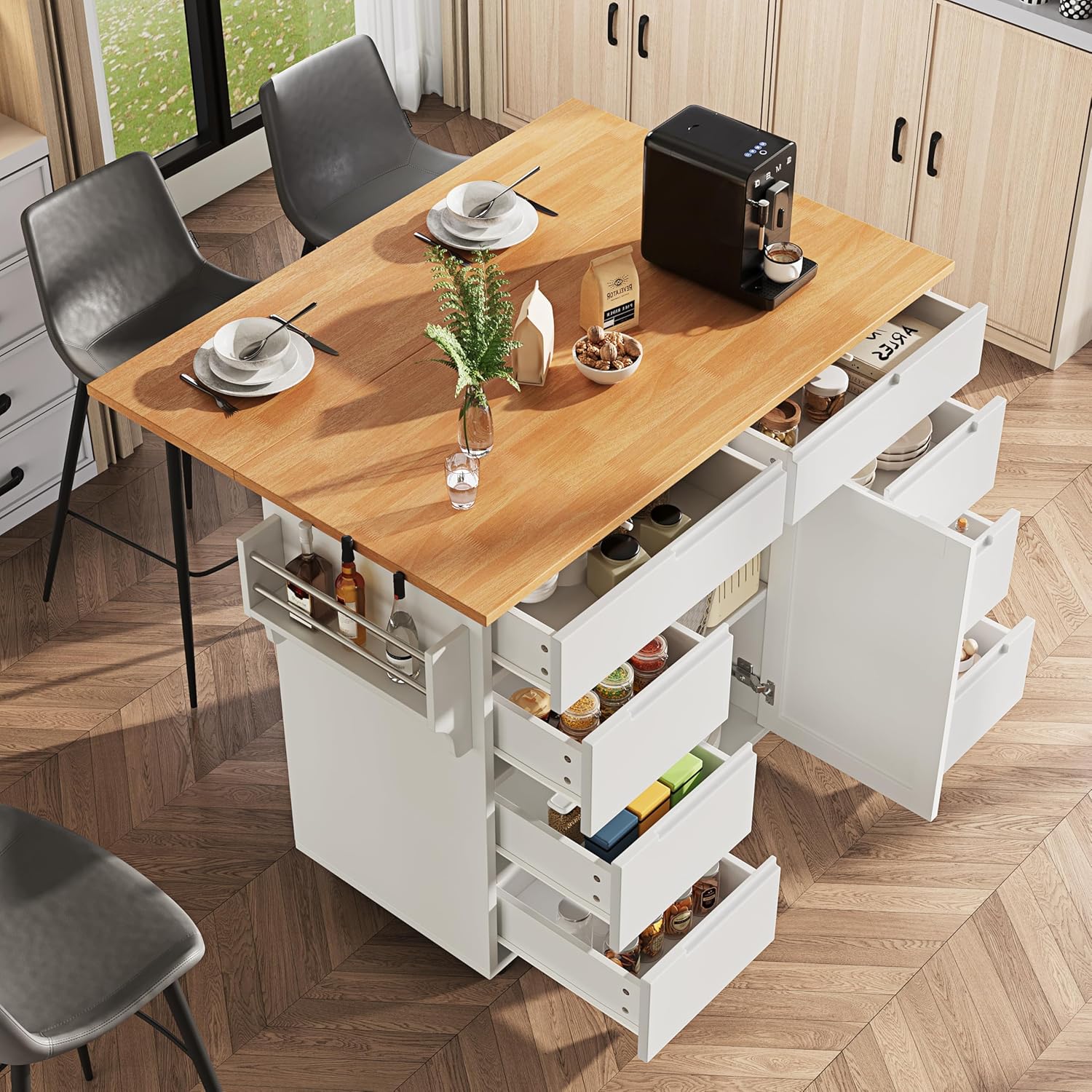 Kücheninsel, Moderne Küchenschrank, Ausziehbarer Küchenwagen mit Rollen und Arbeitsplatte, Servierwagen mit Gewürzregal und 8 Schubladen (Weiß)
