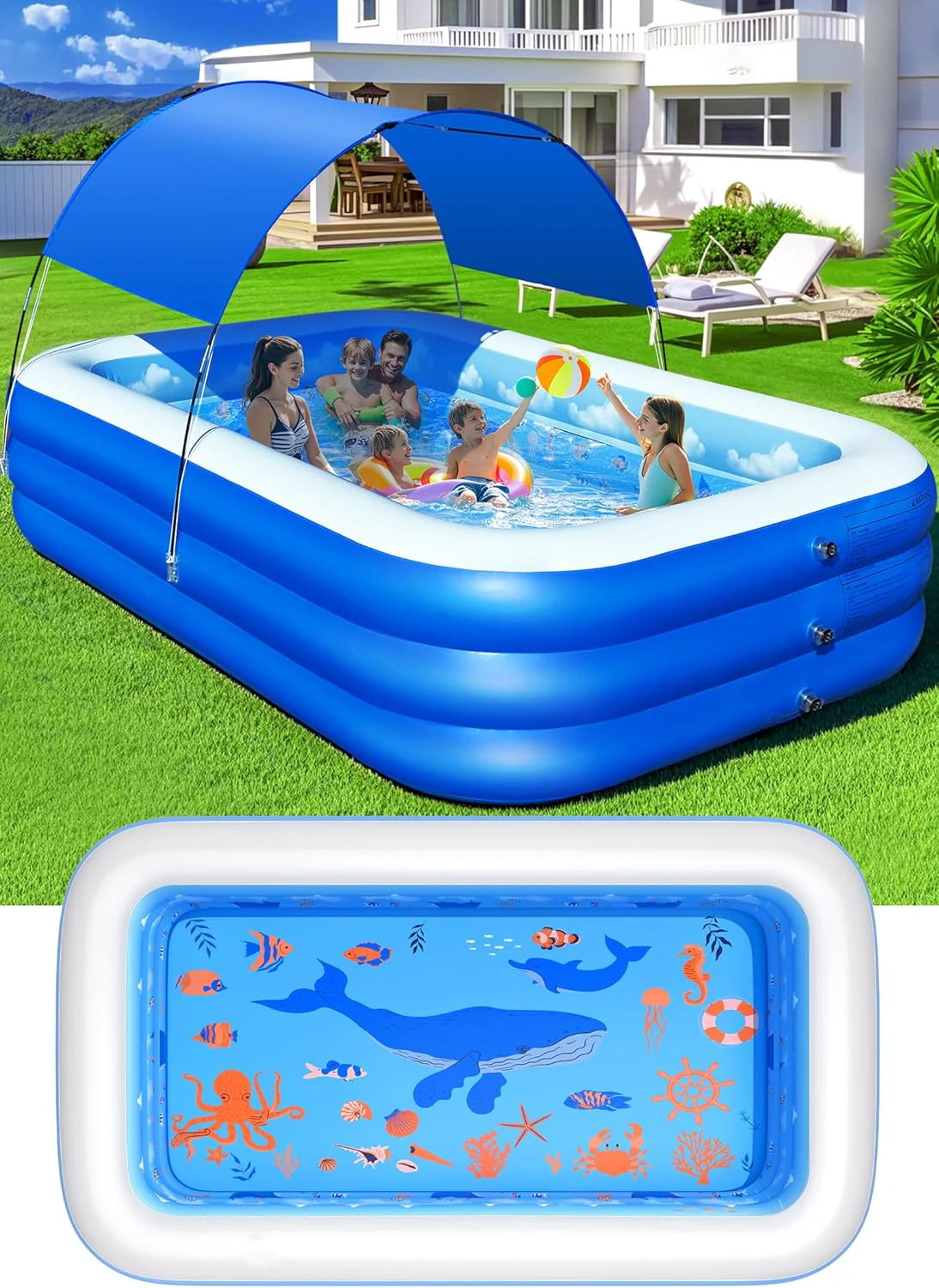 Inflatable Pool with Canopy.Upgraded Inflatable Swimming Pool for Kids.Adult.Large Inflatable Blow up Pools.Ocean Theme Oversized Thickened 105x75x25Inflatable Family Pools for Backyard-Blue