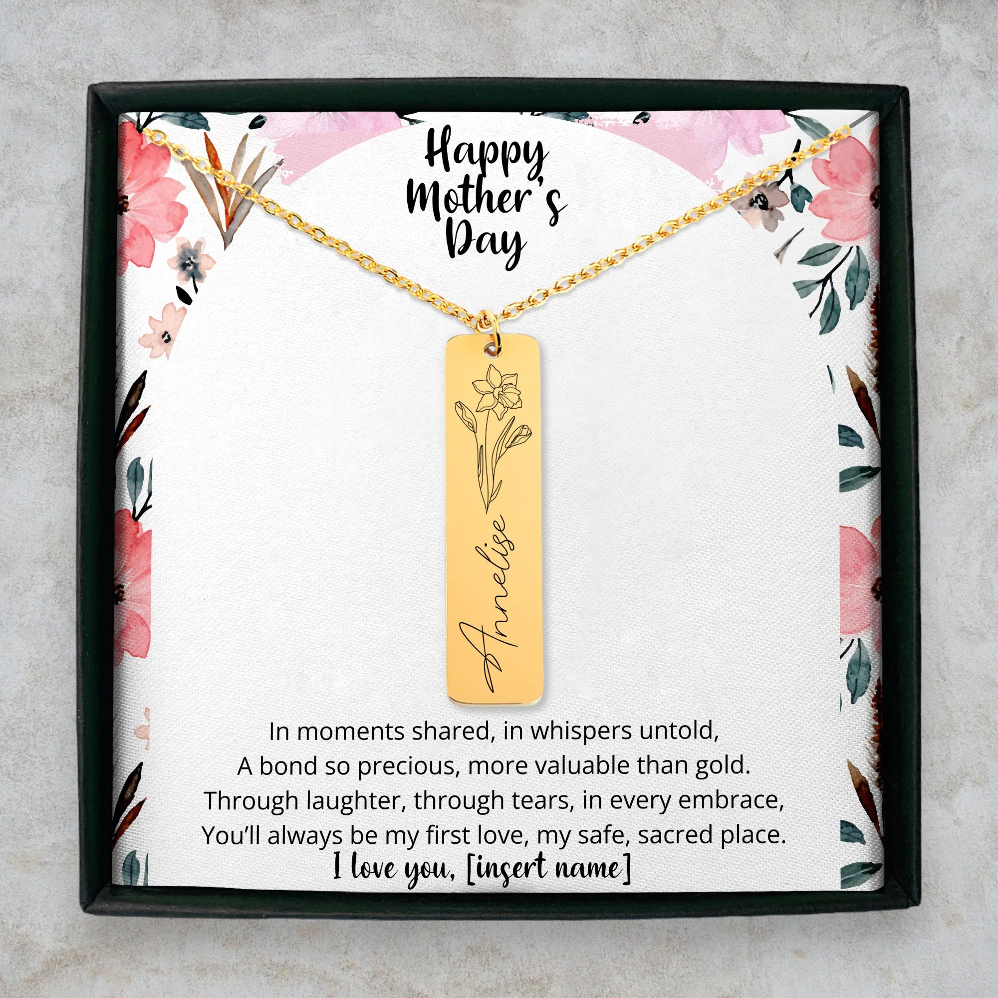Birth Flower Gift Name Bar Necklace, Personalized Gift for Mom
