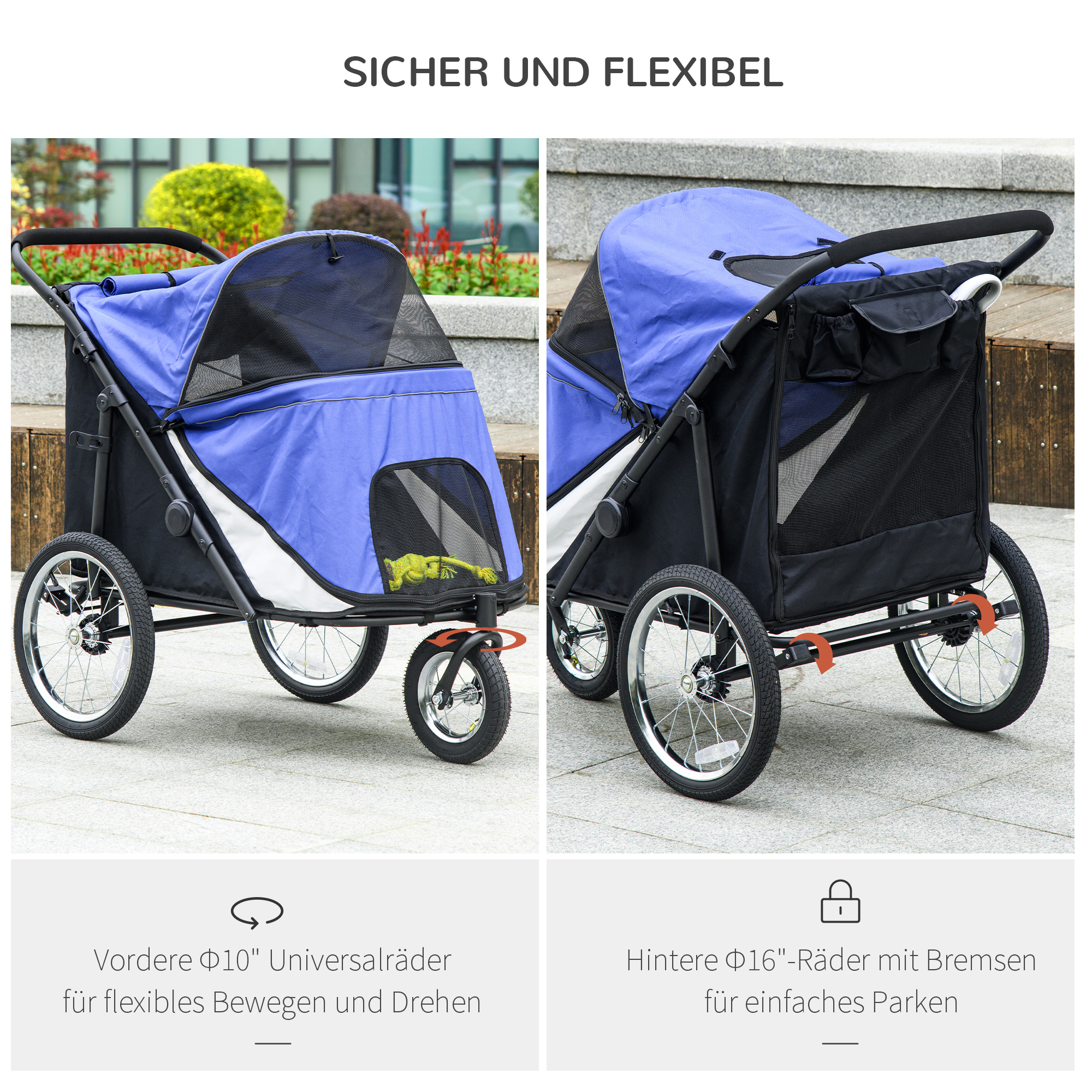 PawHut Hondenbuggy, inklapbaar, opklapbaar, Ligkussen, Stalen frame, Blauw/Zwart