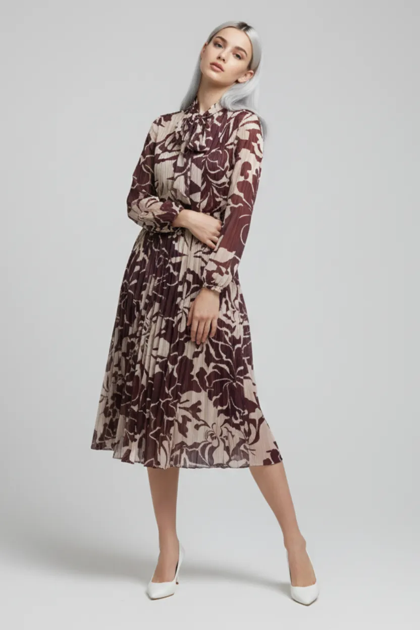 Brown-Colored Floral Midi Dress with Waist Belt