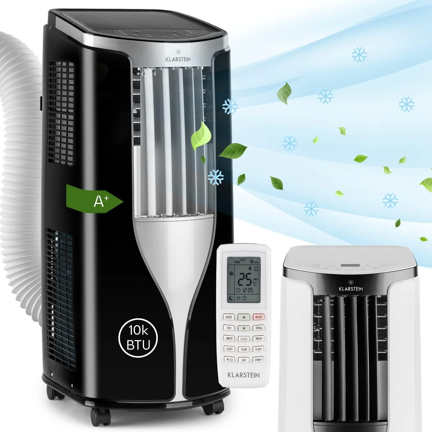 Klarstein Mobiele Airconditioner met Afvoerslang, 3-in-1 Airco met Ventilator & Luchtontvochtiger, Kleine & Draagbare Airco voor Thuis & op Kantoor, 10000 BTU AC met Laag Verbruik