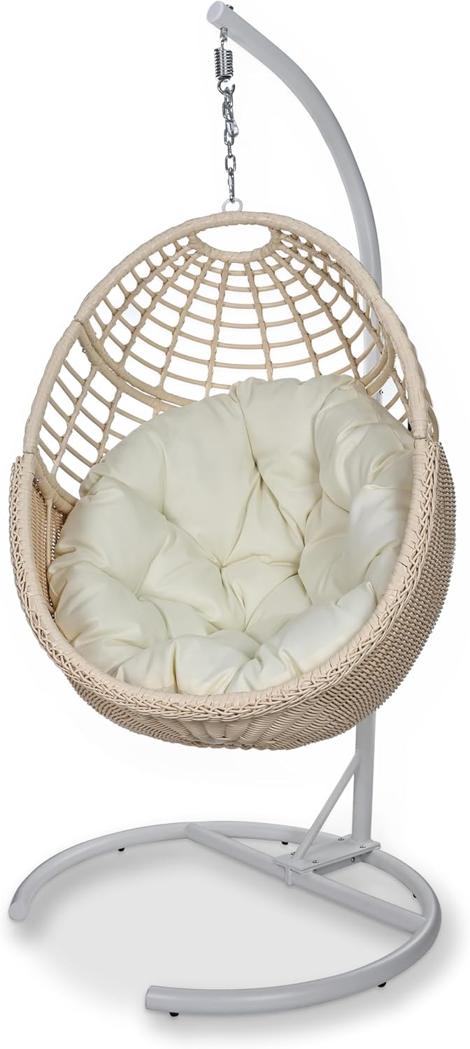 Korb Hängesessel mit Gestell: Wetterfestes Handgeflochtene PE-Rattan Schwebesessel mit Standfuß, Outdoor Indoor Schaukelstühle mit Polsterung für 150KG Terrasse Balkon Garten Schlafzimmer, Beige