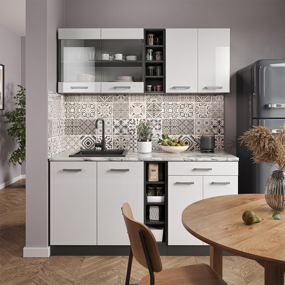 Vicco Singleküche R-Line, Weiß Hochglanz/Anthrazit, 160 cm ohne Arbeitsplatte