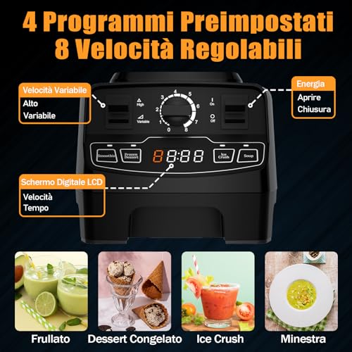 Enfmay Frullatore Smoothie, Frullatore Professionale 2000W con 8 Velocità Regolabili e 4 Preprogrammi, 2L Capacità, Frullatore per Frullati con Display LCD, Autopulente, 8 Lame Inossidabile, 33000RPM : Amazon.it: Casa e cucina