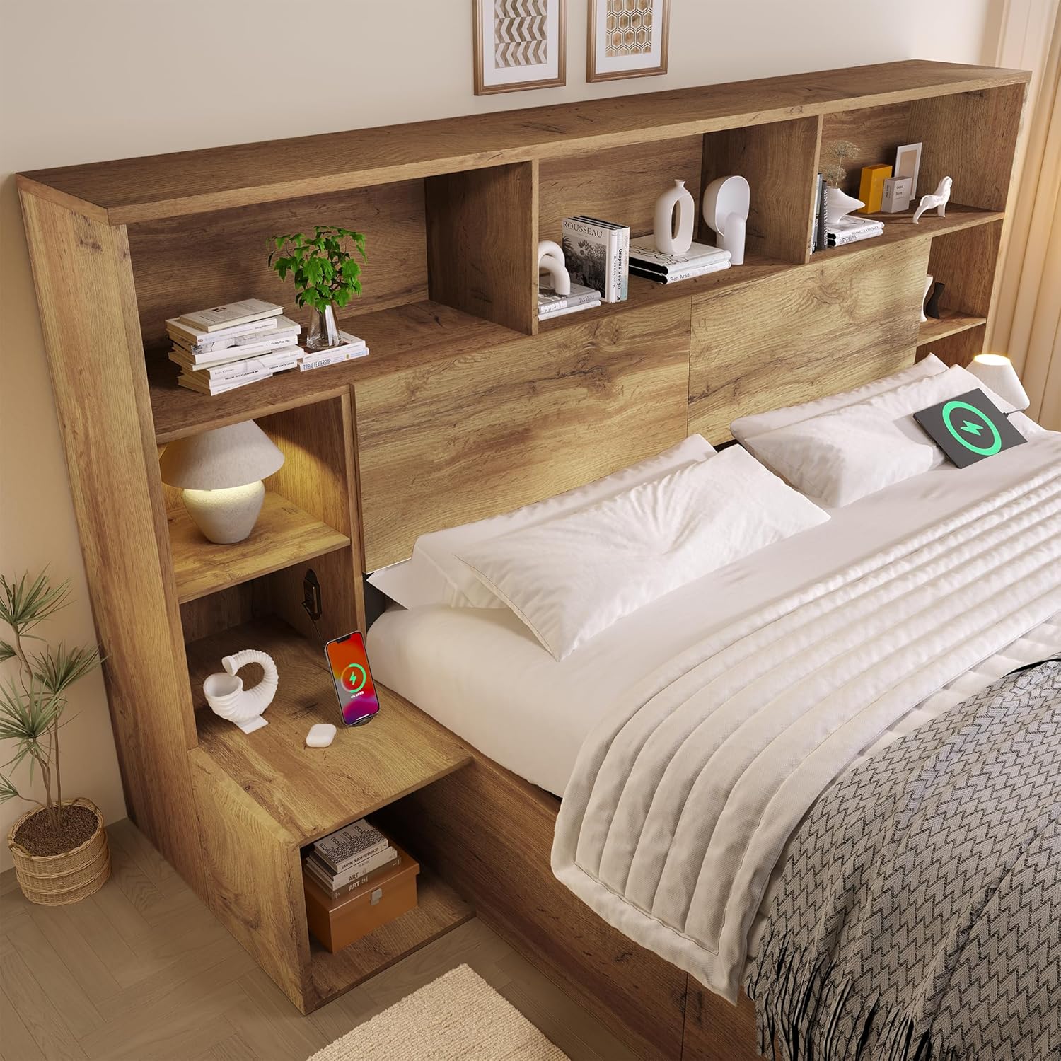 ANIROY Doppelbett Holzbett 180x200cm, Hydraulisches Stauraumbett mit Kopfteil, Stauraum-Kopfteil mit LED & USB-C-Anschluss, Systembett Bettgestell mit Lattenrost, ohne Matratze, Eiche