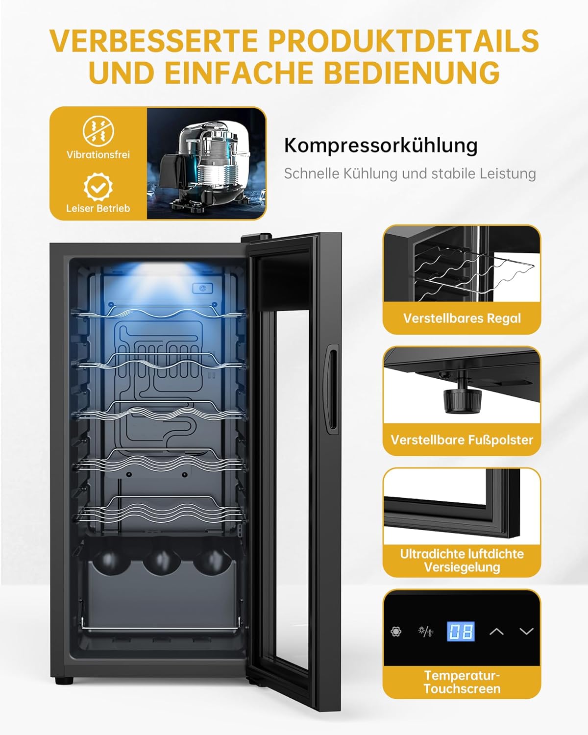 WIE Wine Fridge Compressor 53 Litres 18 Bottles Drinks Fridge Small Wine Cabinet Small Wine Fridge with Glass Door, Full Glass Design Door with LED Touch Panel, Anti-UV, Wine Fridge 5-18°C