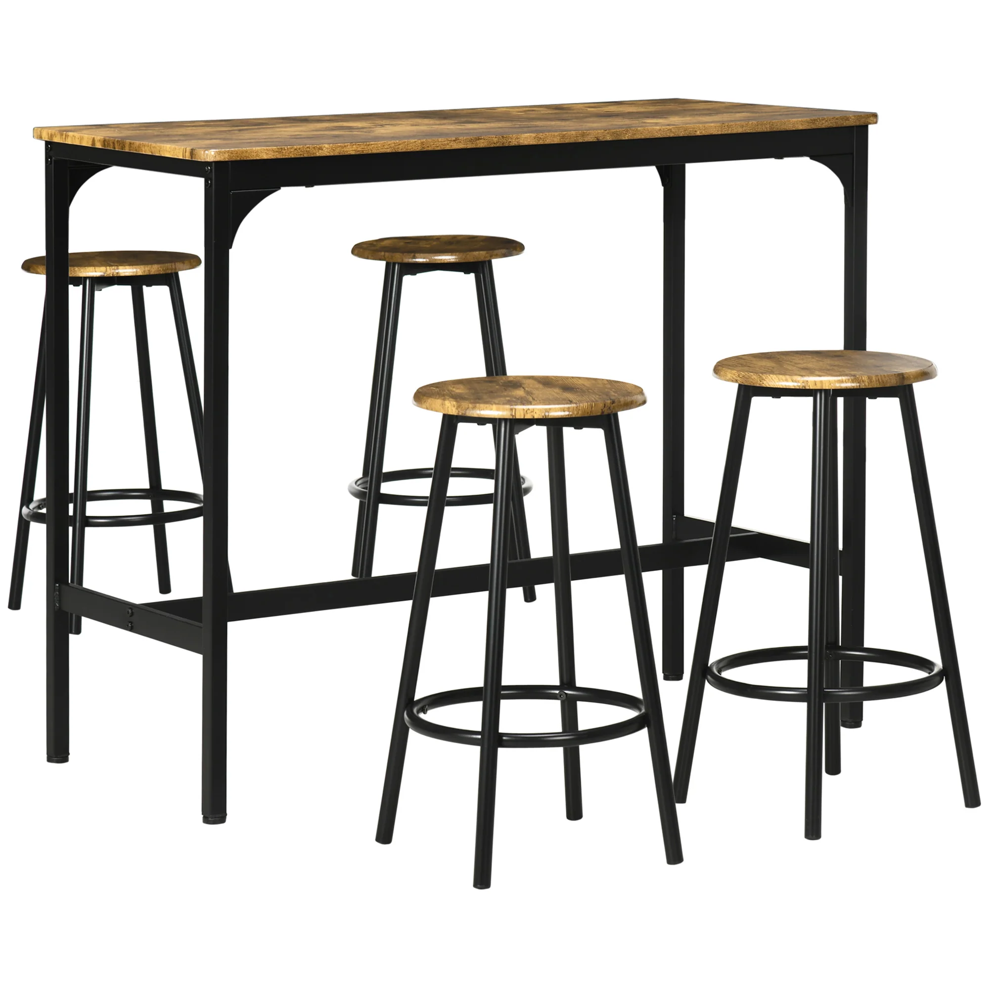 HOMCOM 5-delig. Bartafelset met industrieel design, 1 bartafel, 4 barkrukken, bankstel, aanrecht, zwart+bruin