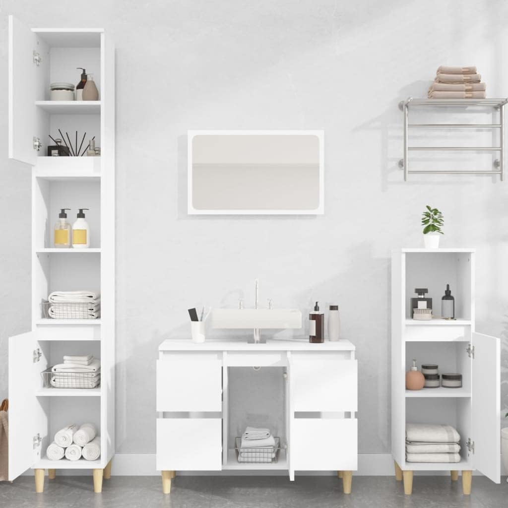 vidaXL Badmöbel Set 3-TLG., Badschrank Holzbeine, Badezimmer Unterschrank Hochschrank Midischrank, Badezimmermöbel, Weiß Holzwerkstoff