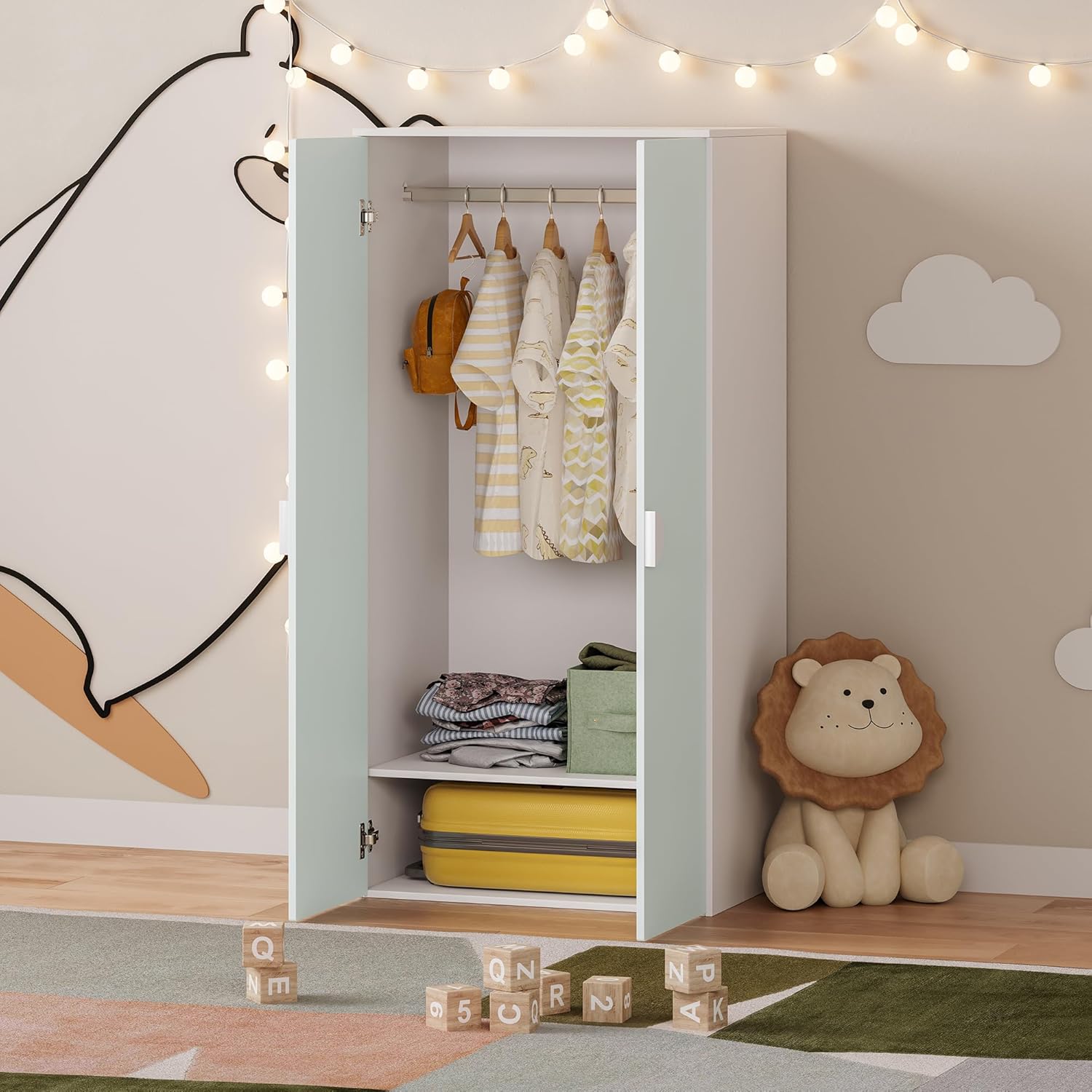 [en.casa] Kinderkleiderschrank Sandnes Garderobenschrank für Kinder 123 x 60 x 40 cm Kleiderschrank Kinderzimmer mit 2 Türen 1 Kleiderstange 1 Ablagefach Kinderschrank Weiß/Mintgrün