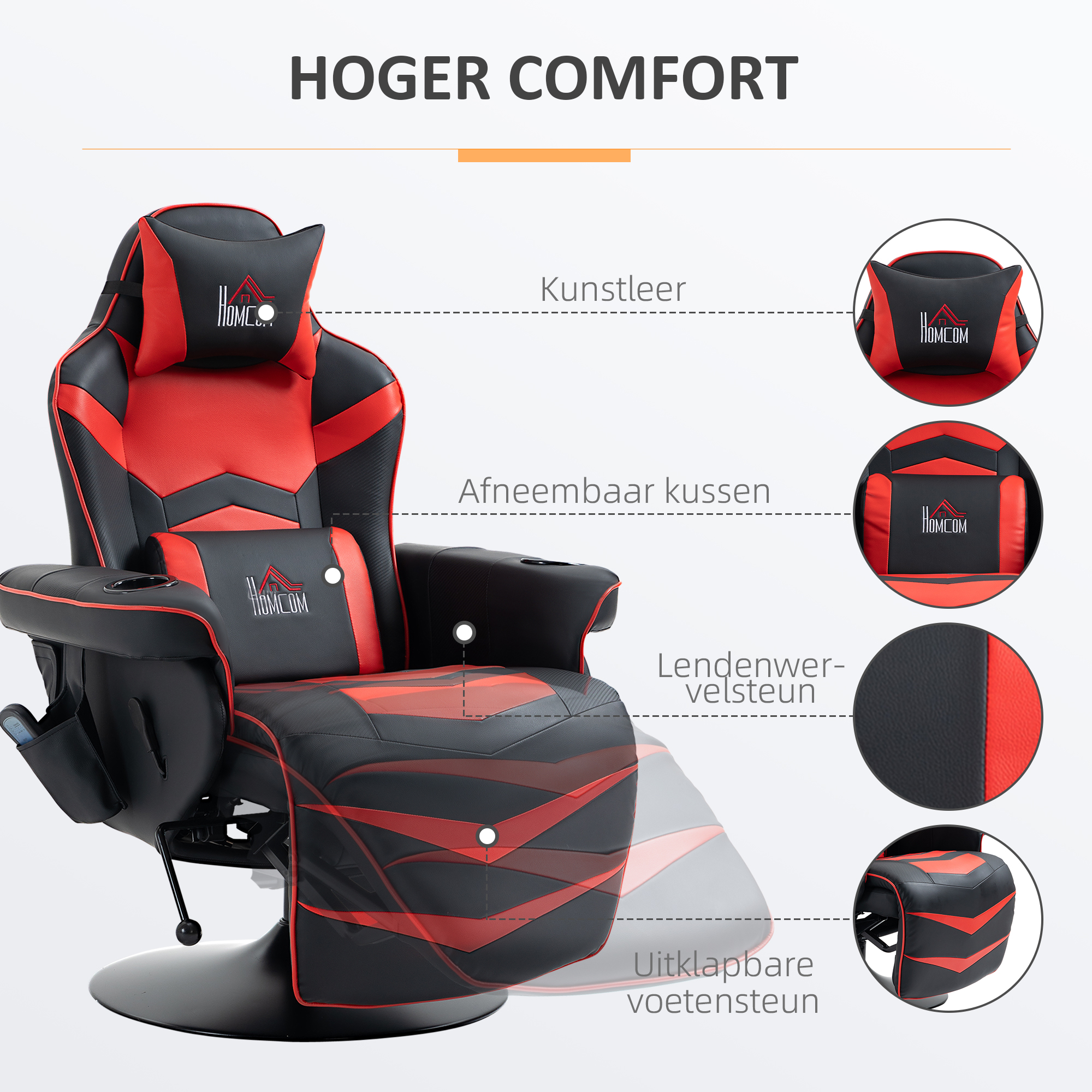Gaming-stoel met massagefunctie, inclusief voetensteun, ligfunctie, rood + zwart.