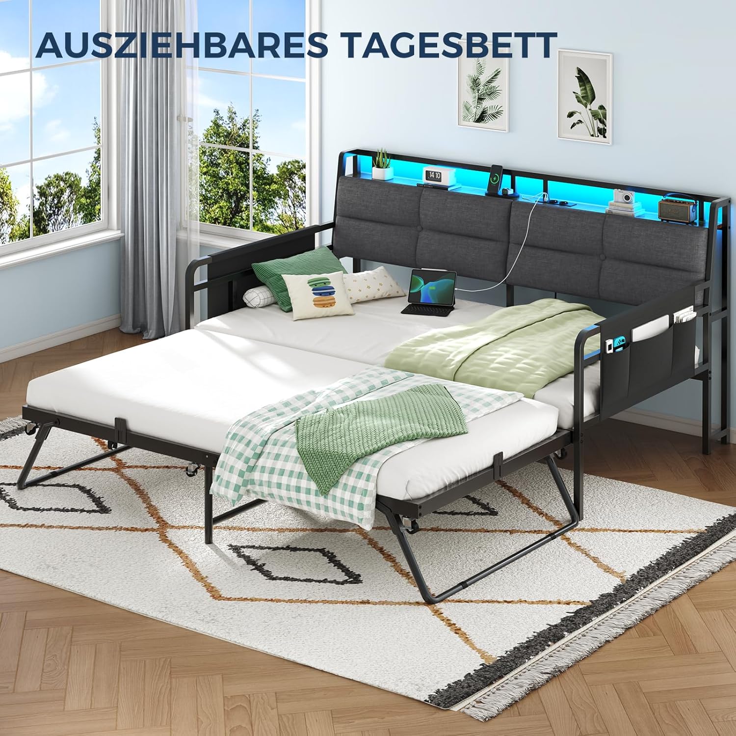 Brinlawb Schlafsofa mit Ausziehbett, Tagesbett 90x200(180x200) cm, Tagesbett Ausziehbar mit LED Beleuchtung und Ladestation (2 AC-Steckdosen, 2 USB-Anschlüsse) Einzelbett und Doppelbett, Gästebett